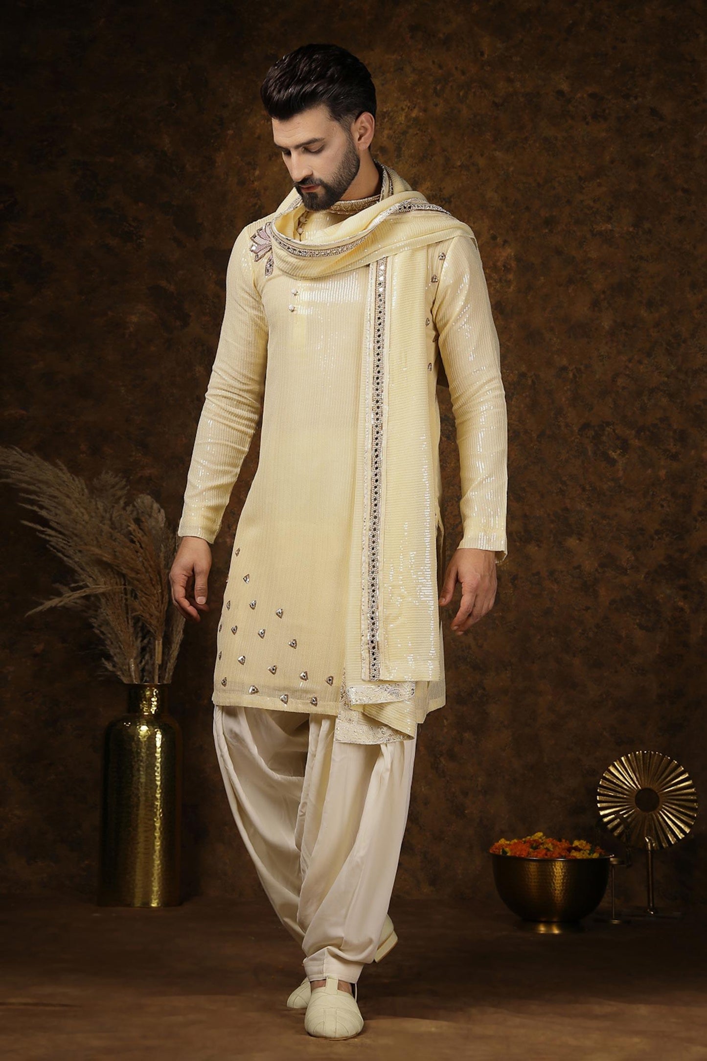Kurta Set Yellow Georgette Sequins Mirrors Embellished