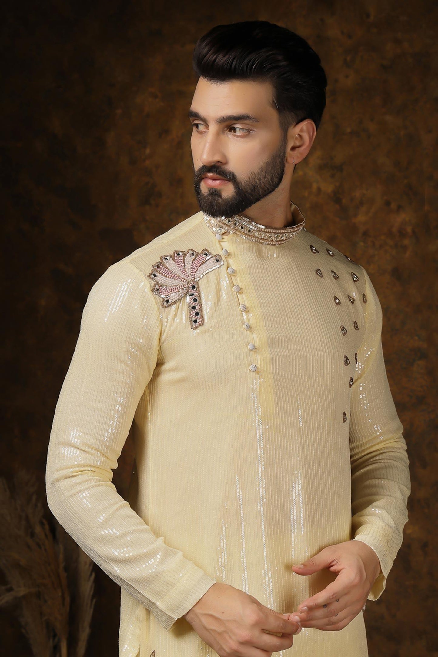 Kurta Set Yellow Georgette Sequins Mirrors Embellished
