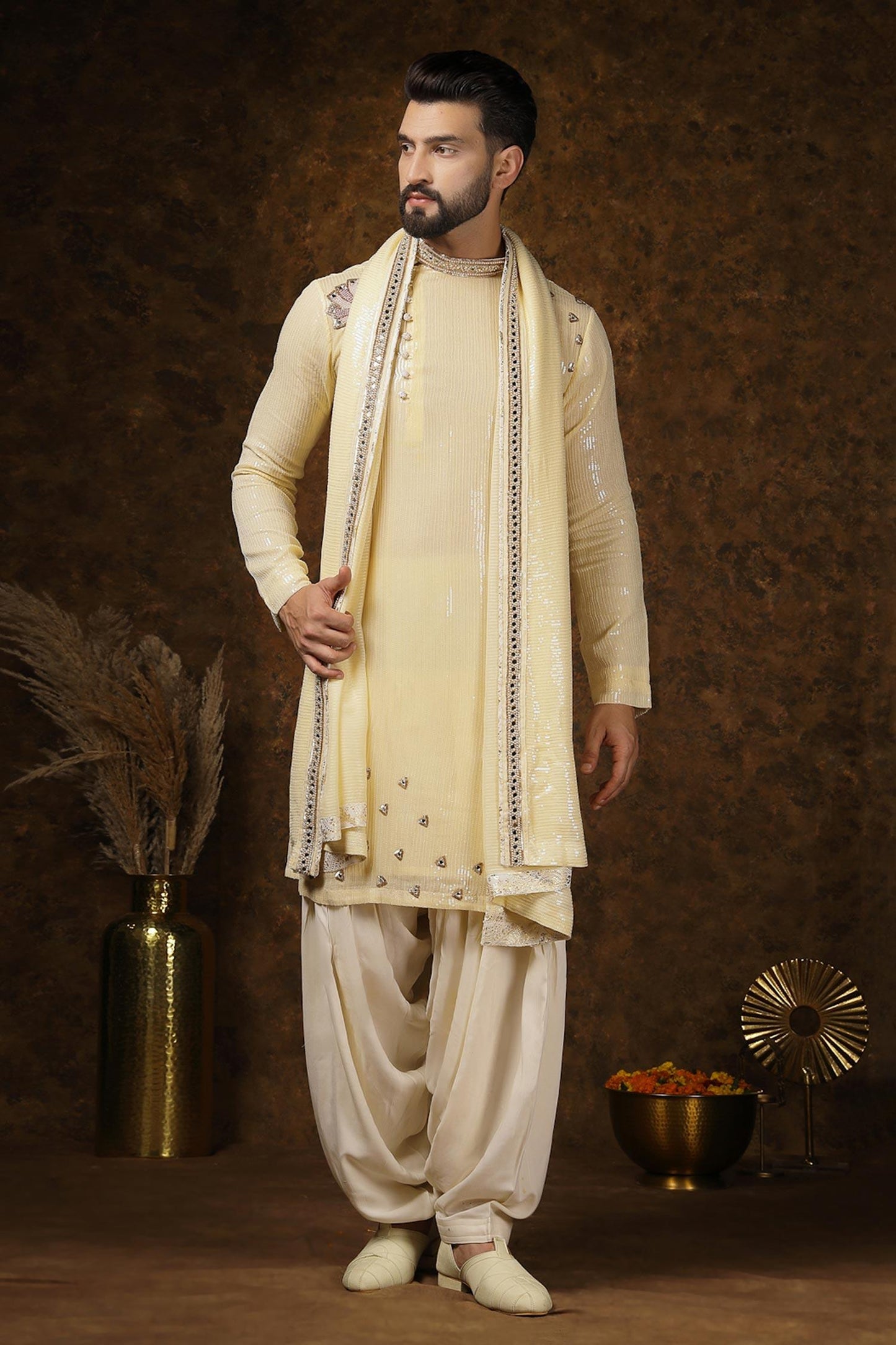 Kurta Set Yellow Georgette Sequins Mirrors Embellished