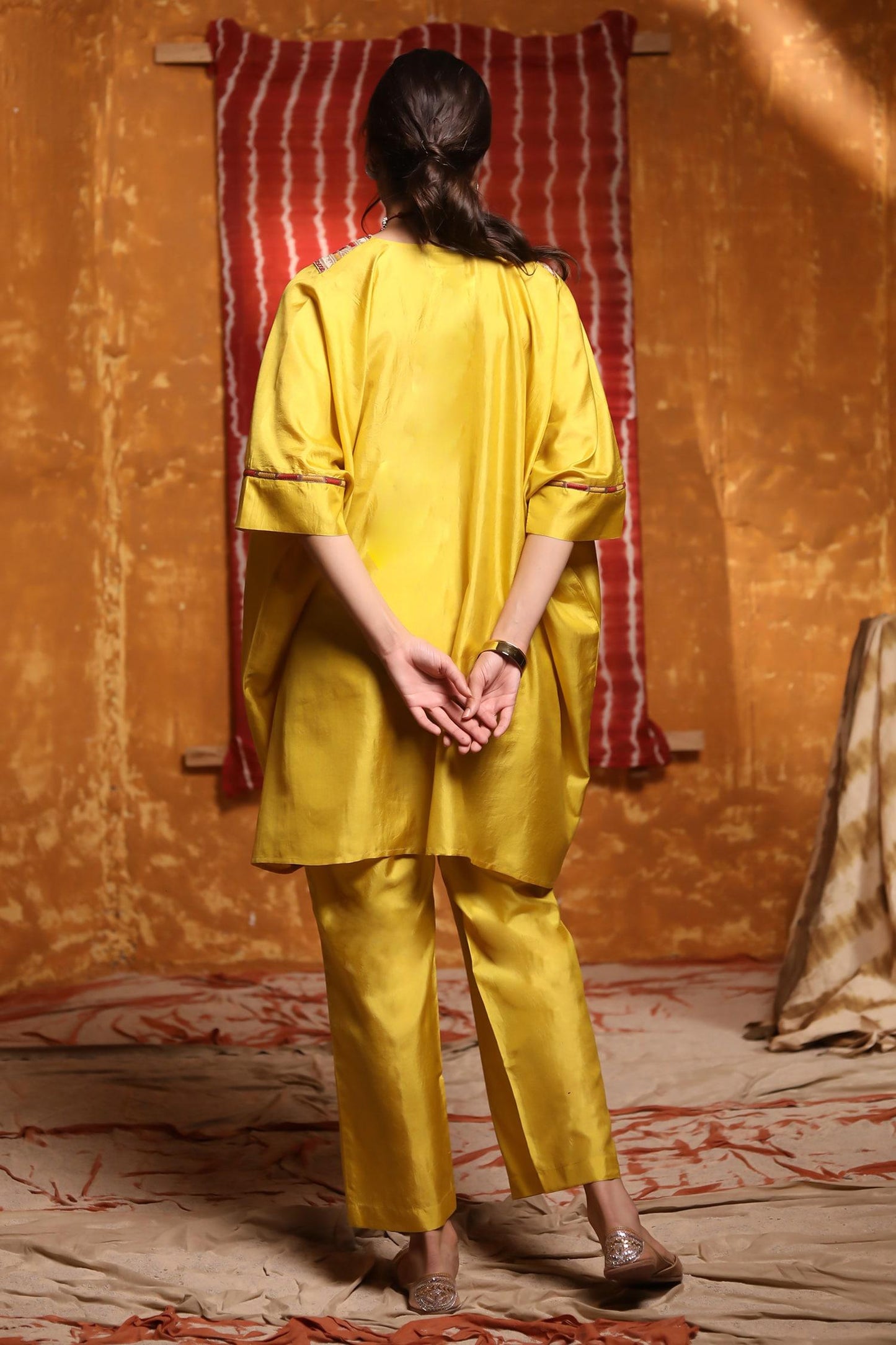 Yellow Handloom Cotton Mirrors, Embroidery V-neck Thread Yoke Kaftan And Pant Set - Designer Kurta Set