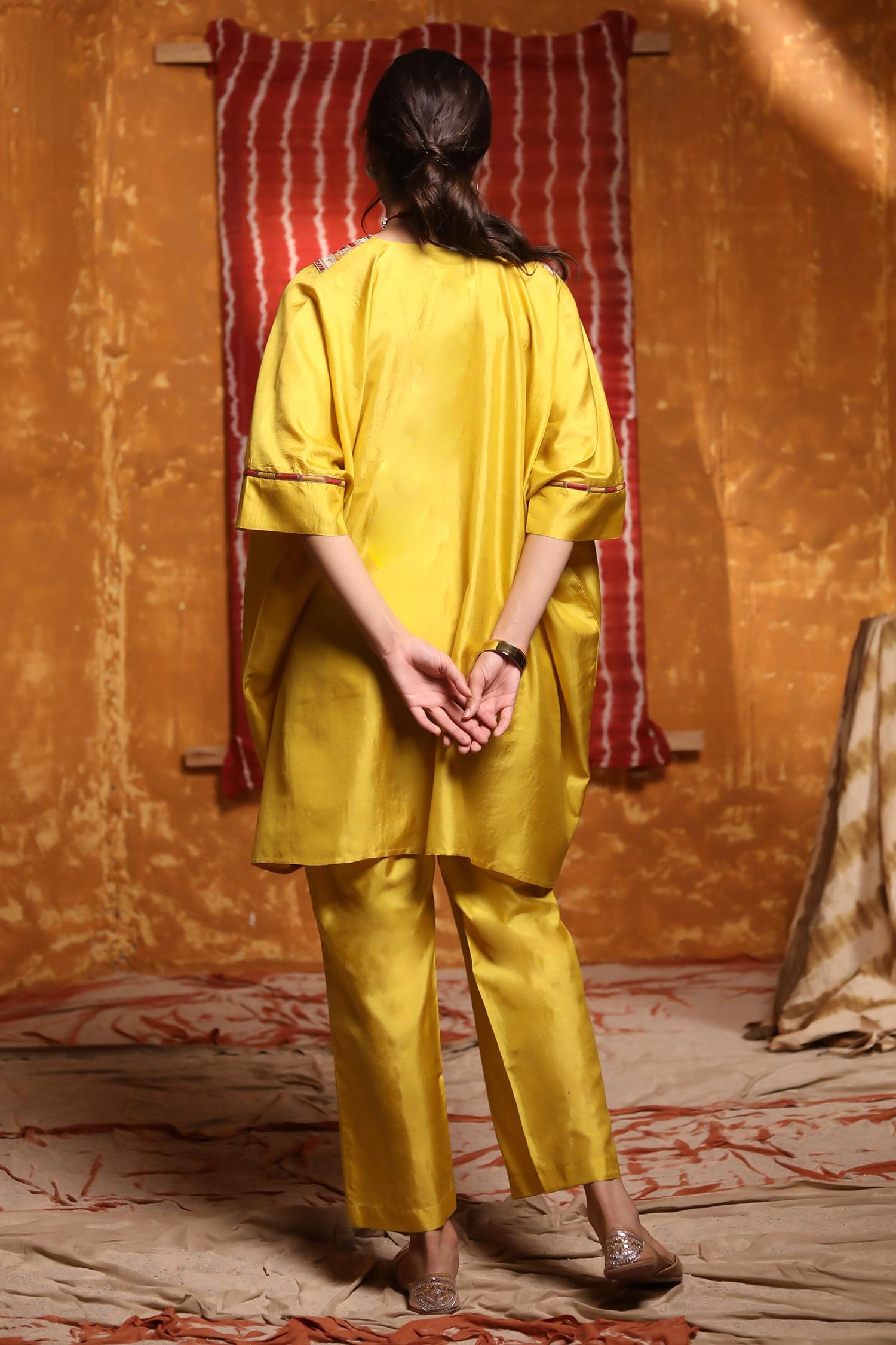 Yellow Handloom Cotton Mirrors, Embroidery V-neck Thread Yoke Kaftan And Pant Set - Designer Kurta Set