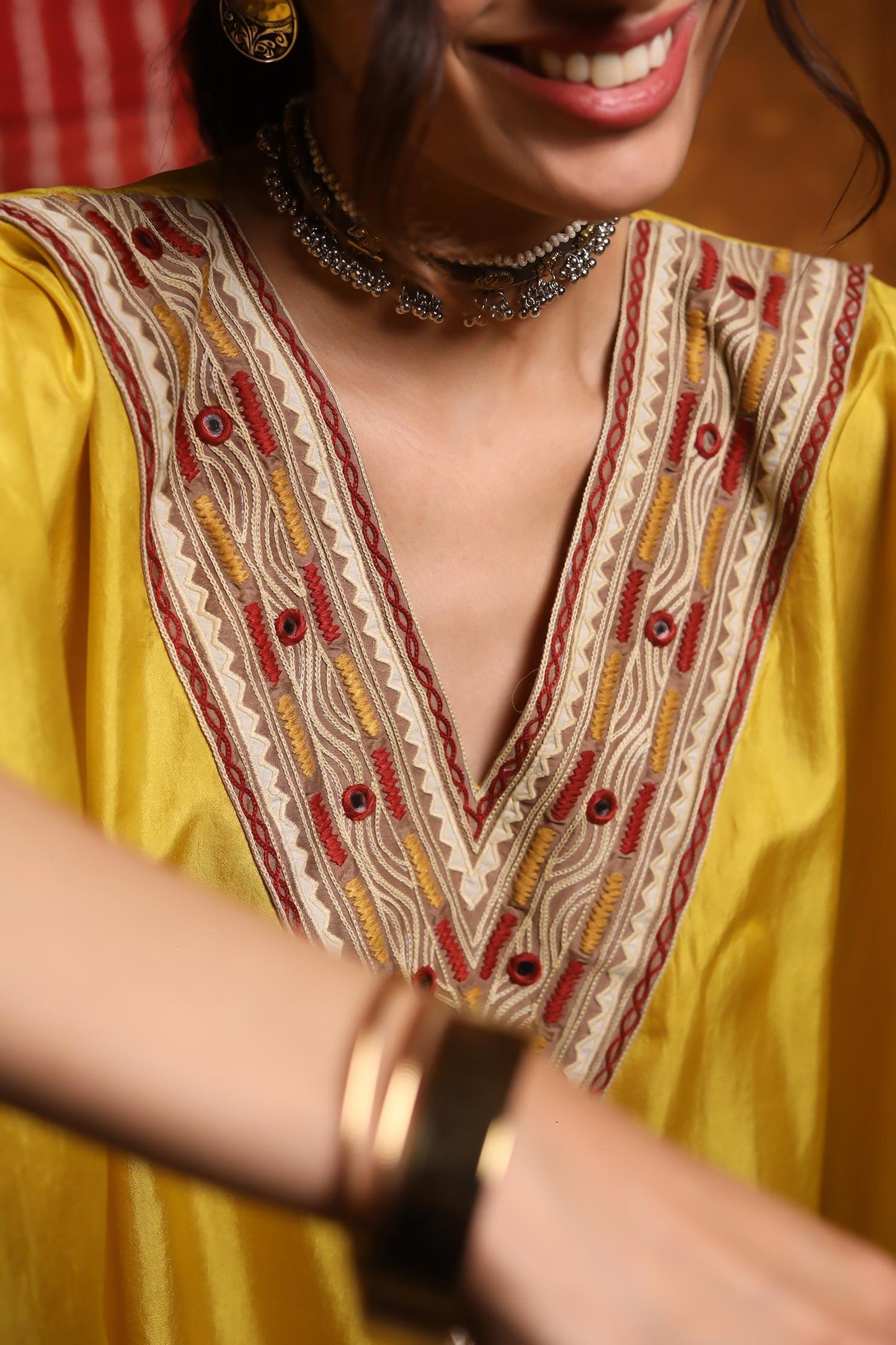 Yellow Handloom Cotton Mirrors, Embroidery V-neck Thread Yoke Kaftan And Pant Set - Designer Kurta Set