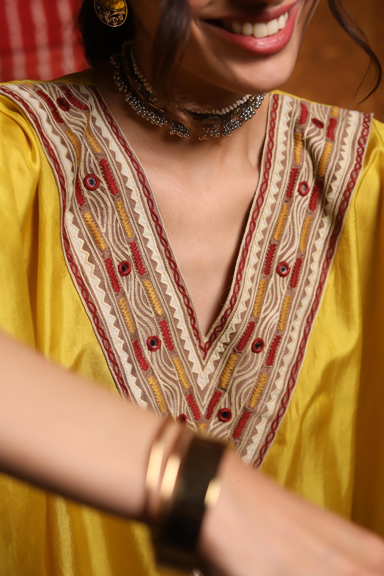 Yellow Handloom Cotton Mirrors, Embroidery V-neck Thread Yoke Kaftan And Pant Set - Designer Kurta Set