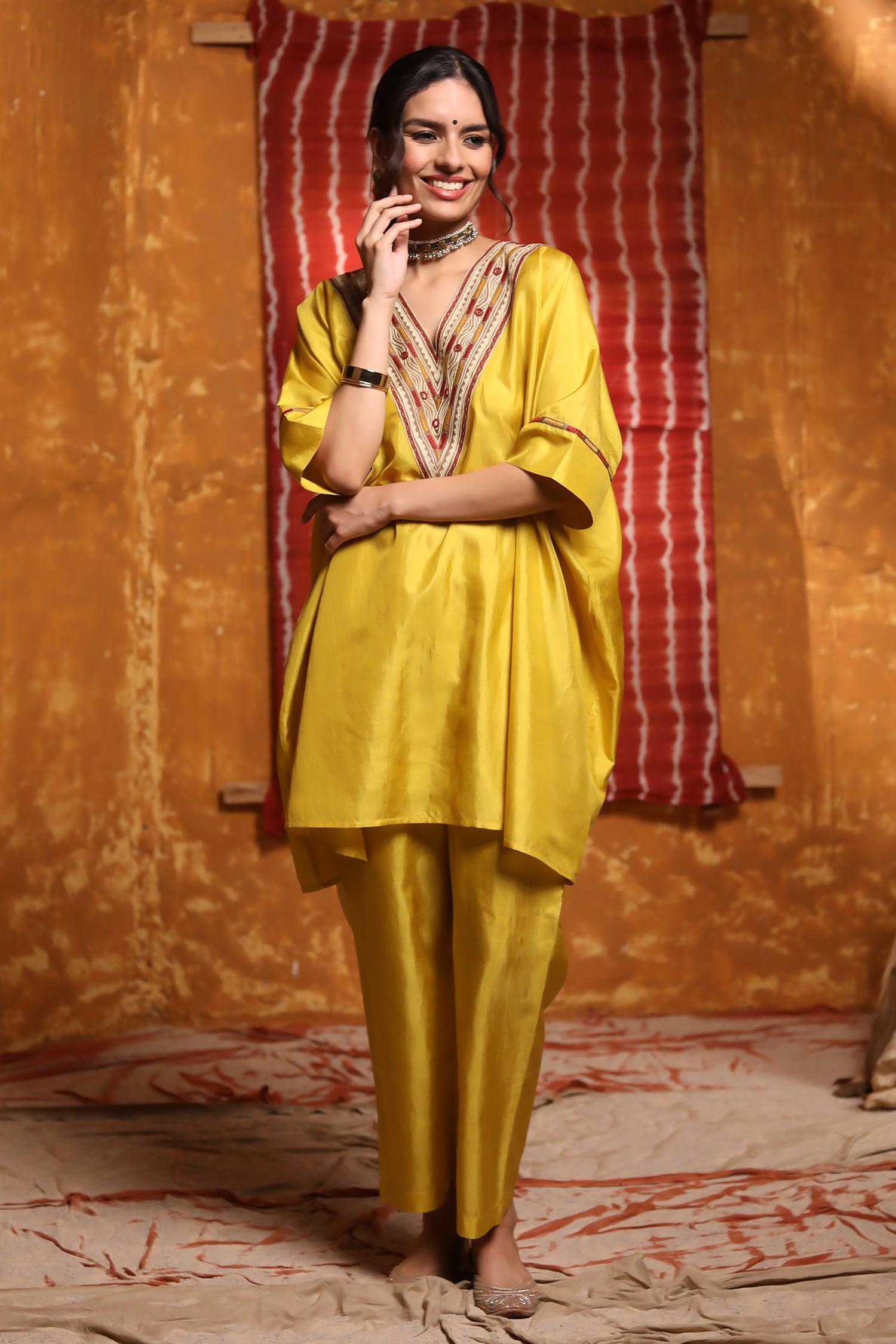 Yellow Handloom Cotton Mirrors, Embroidery V-neck Thread Yoke Kaftan And Pant Set - Designer Kurta Set