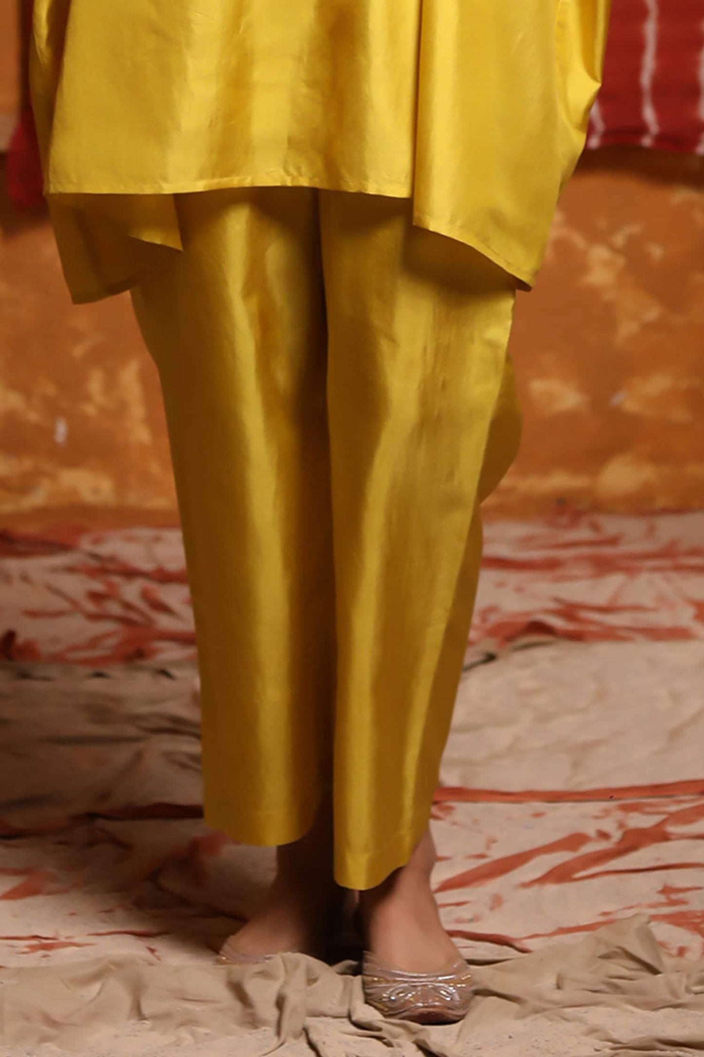 Yellow Handloom Cotton Mirrors, Embroidery V-neck Thread Yoke Kaftan And Pant Set - Designer Kurta Set