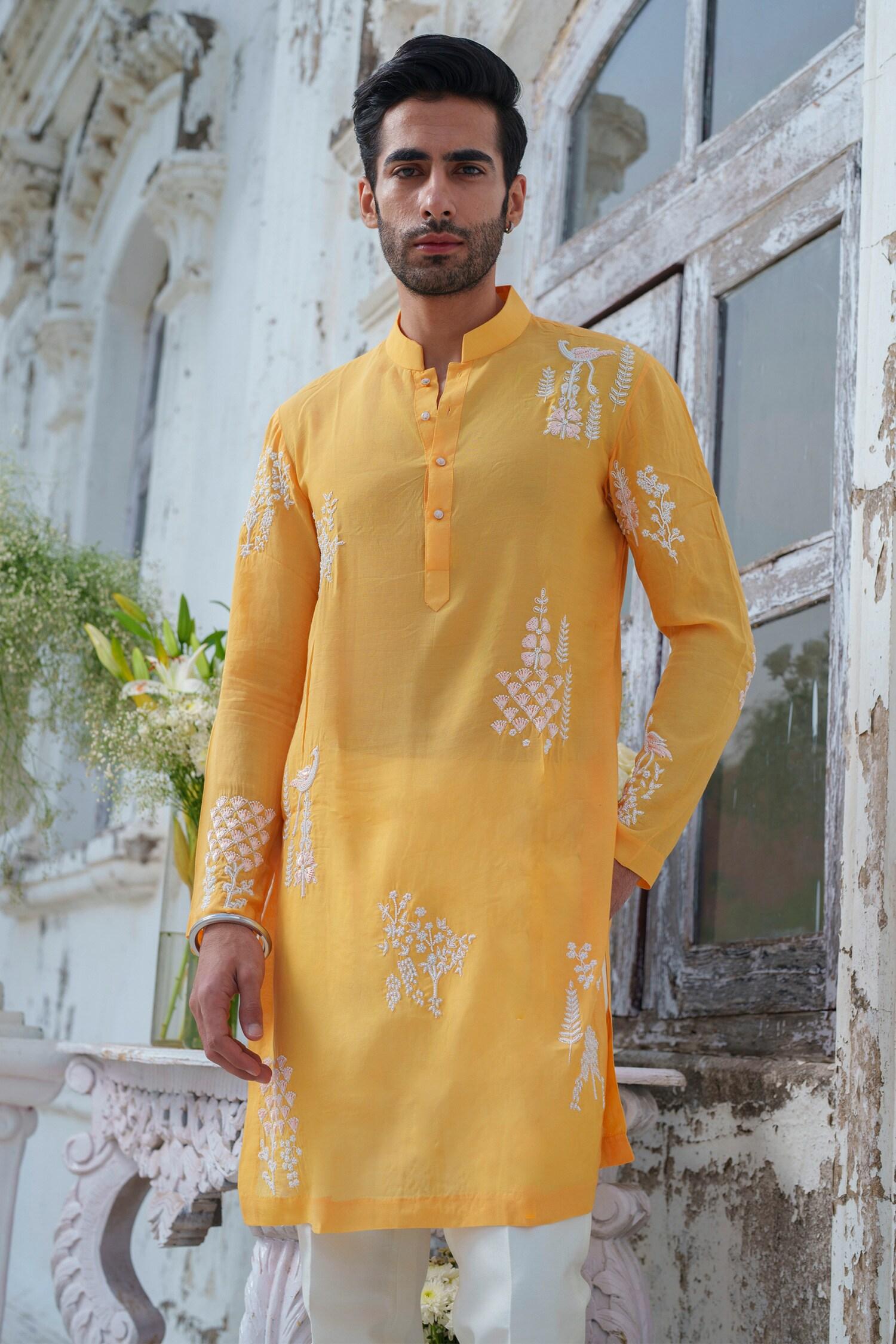 Kurta With Trouser Yellow Muslin Cotton Silk Embroidery Royal Peacock