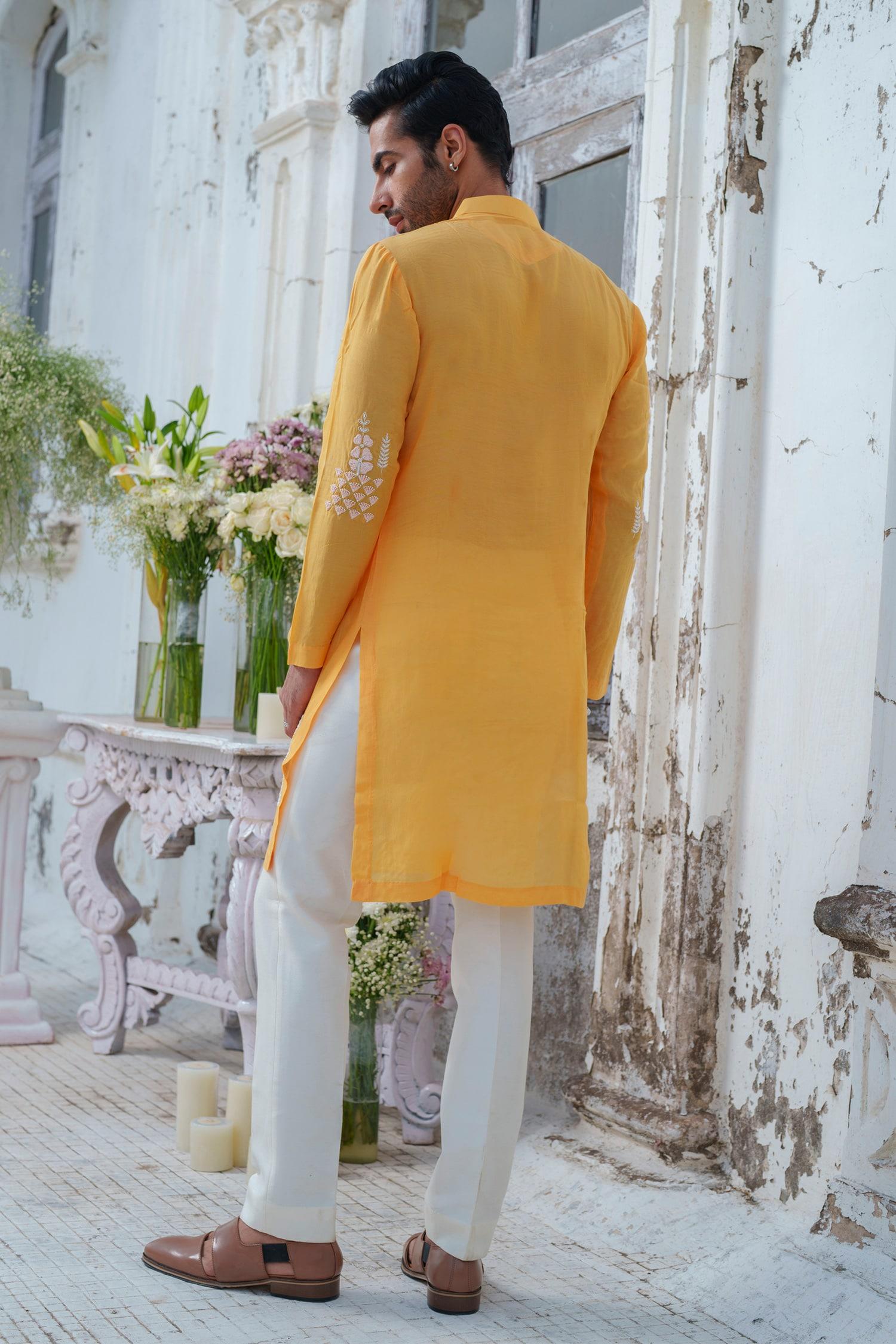 Kurta With Trouser Yellow Muslin Cotton Silk Embroidery Royal Peacock