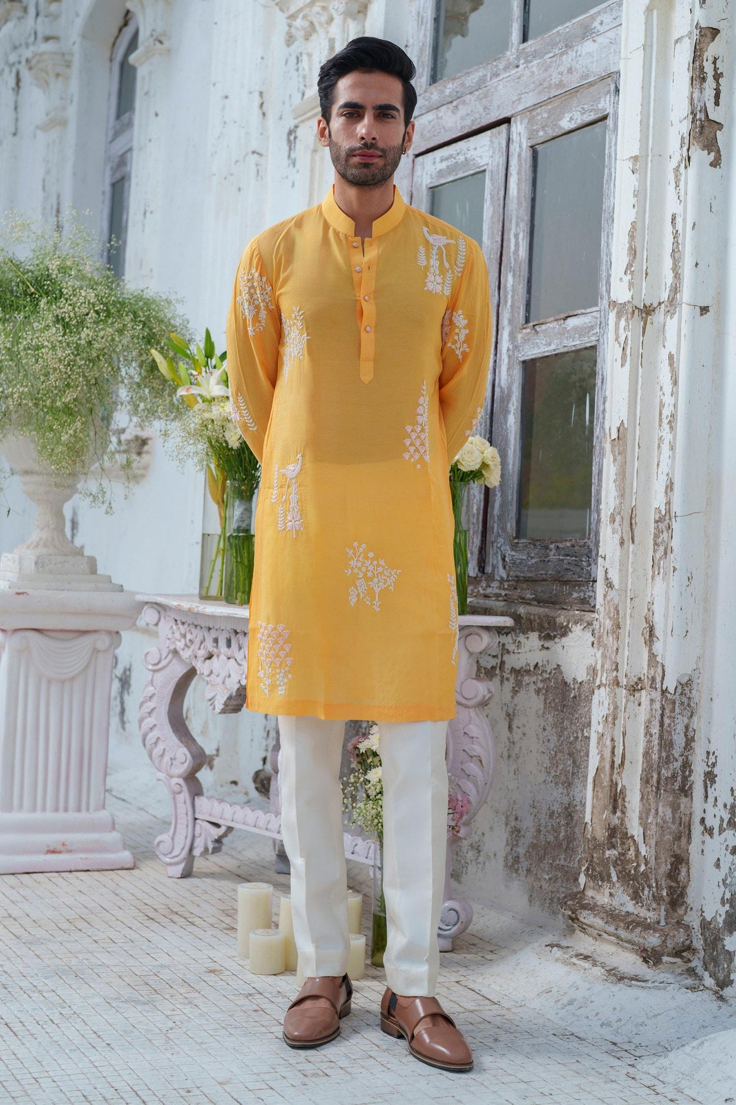 Kurta With Trouser Yellow Muslin Cotton Silk Embroidery Royal Peacock