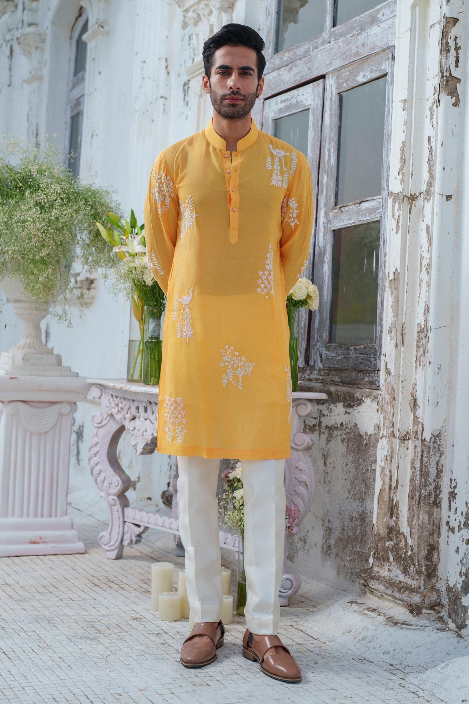 Kurta With Trouser Yellow Muslin Cotton Silk Embroidery Royal Peacock