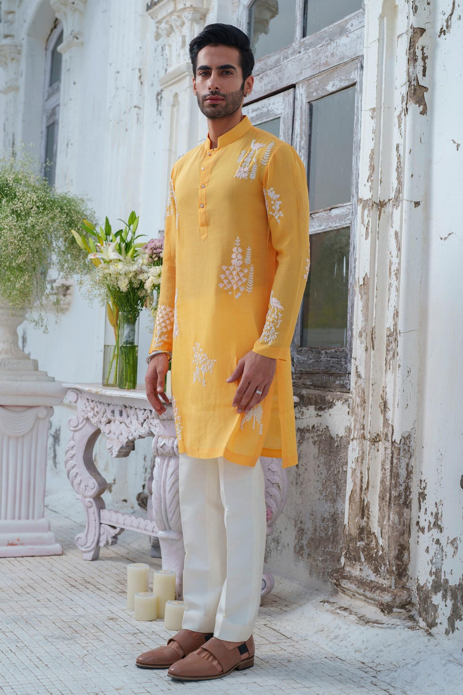 Kurta With Trouser Yellow Muslin Cotton Silk Embroidery Royal Peacock