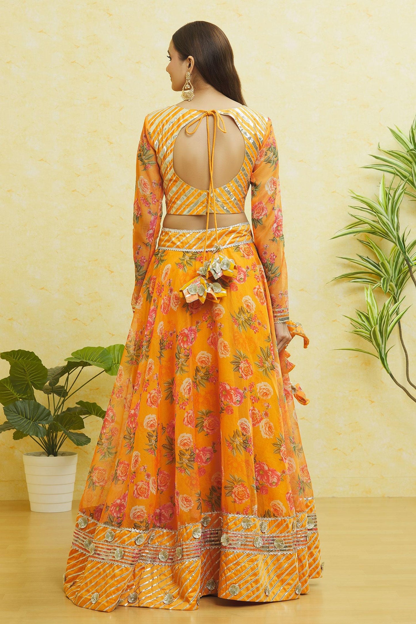Yellow Organza Gota Patti Round Neck Striped Lehenga Set - Designer Kurta Set
