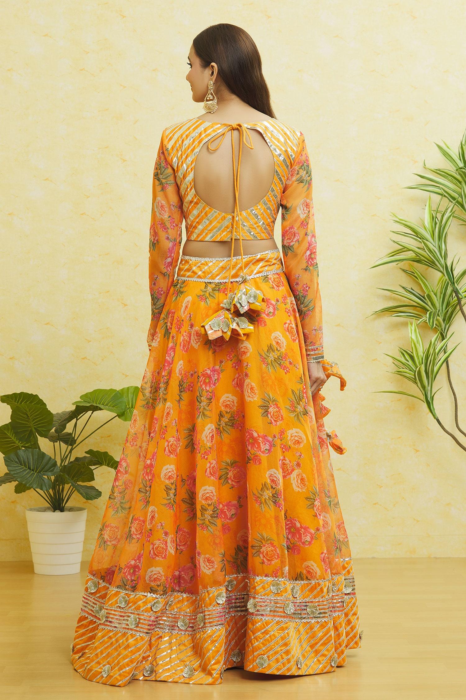 Yellow Organza Gota Patti Round Neck Striped Lehenga Set - Designer Kurta Set