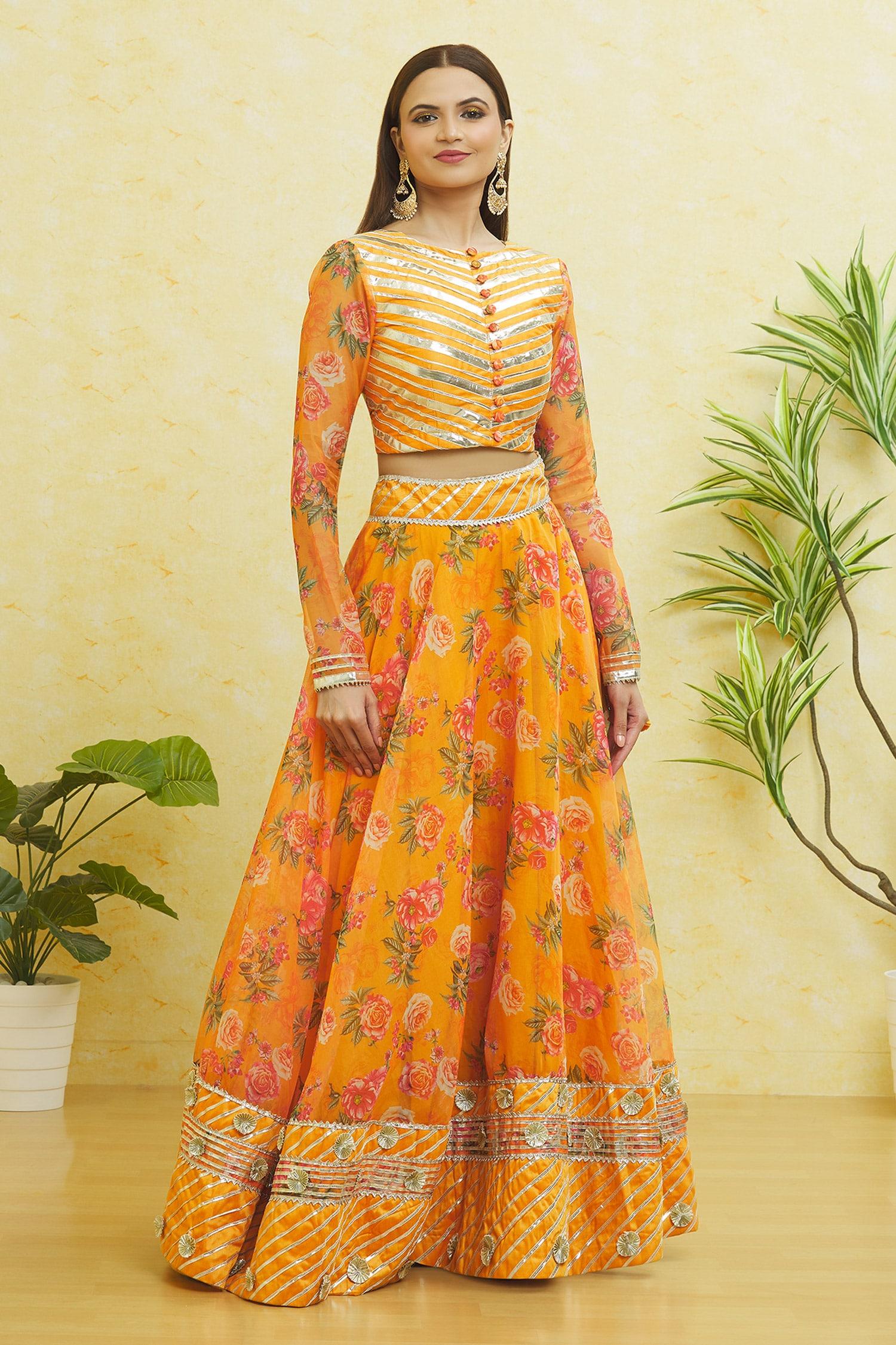 Yellow Organza Gota Patti Round Neck Striped Lehenga Set - Designer Kurta Set