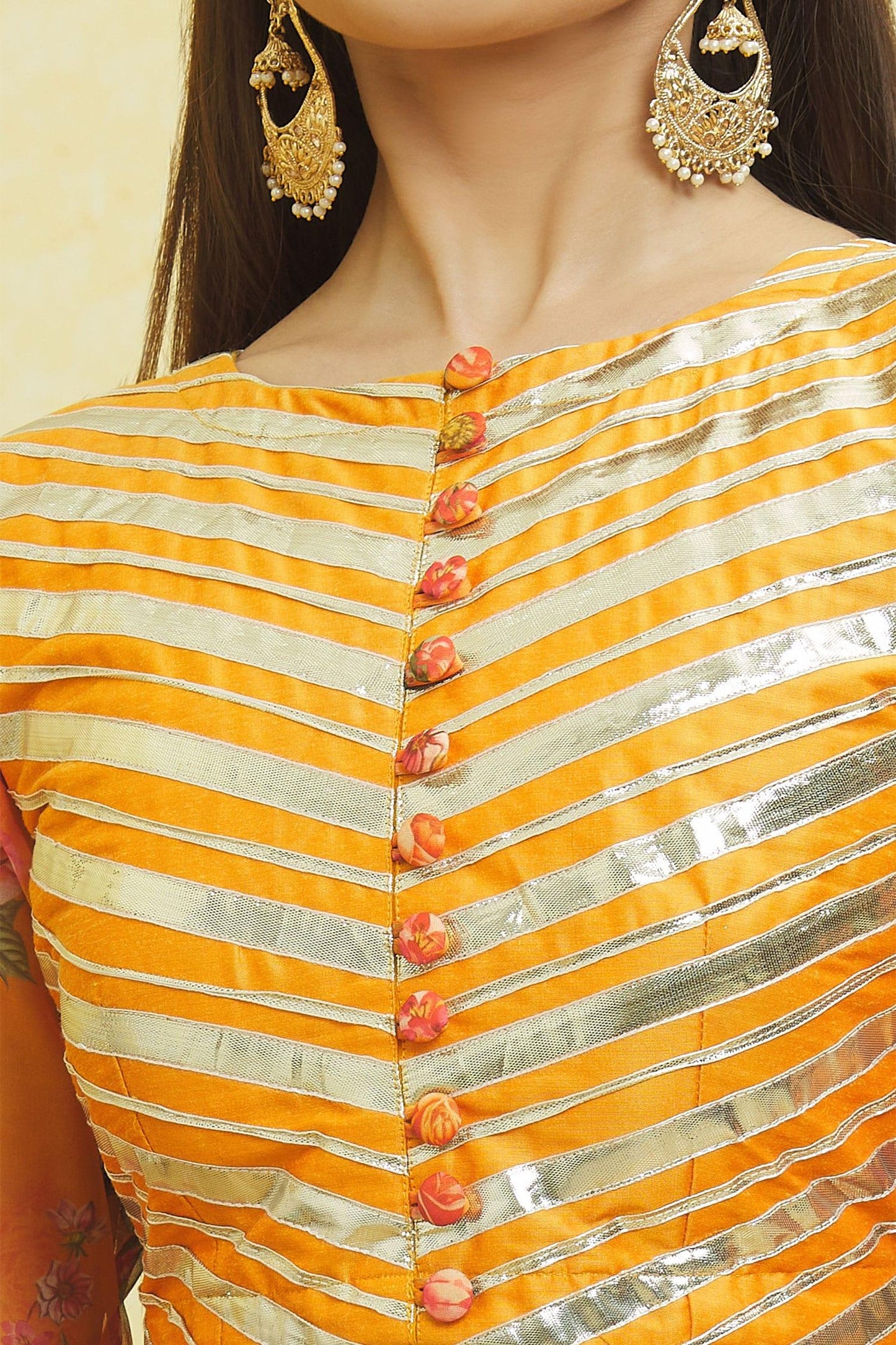 Yellow Organza Gota Patti Round Neck Striped Lehenga Set - Designer Kurta Set