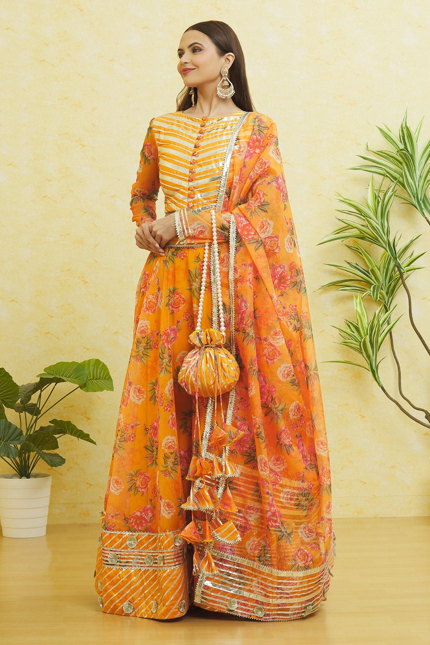 Yellow Organza Gota Patti Round Neck Striped Lehenga Set - Designer Kurta Set