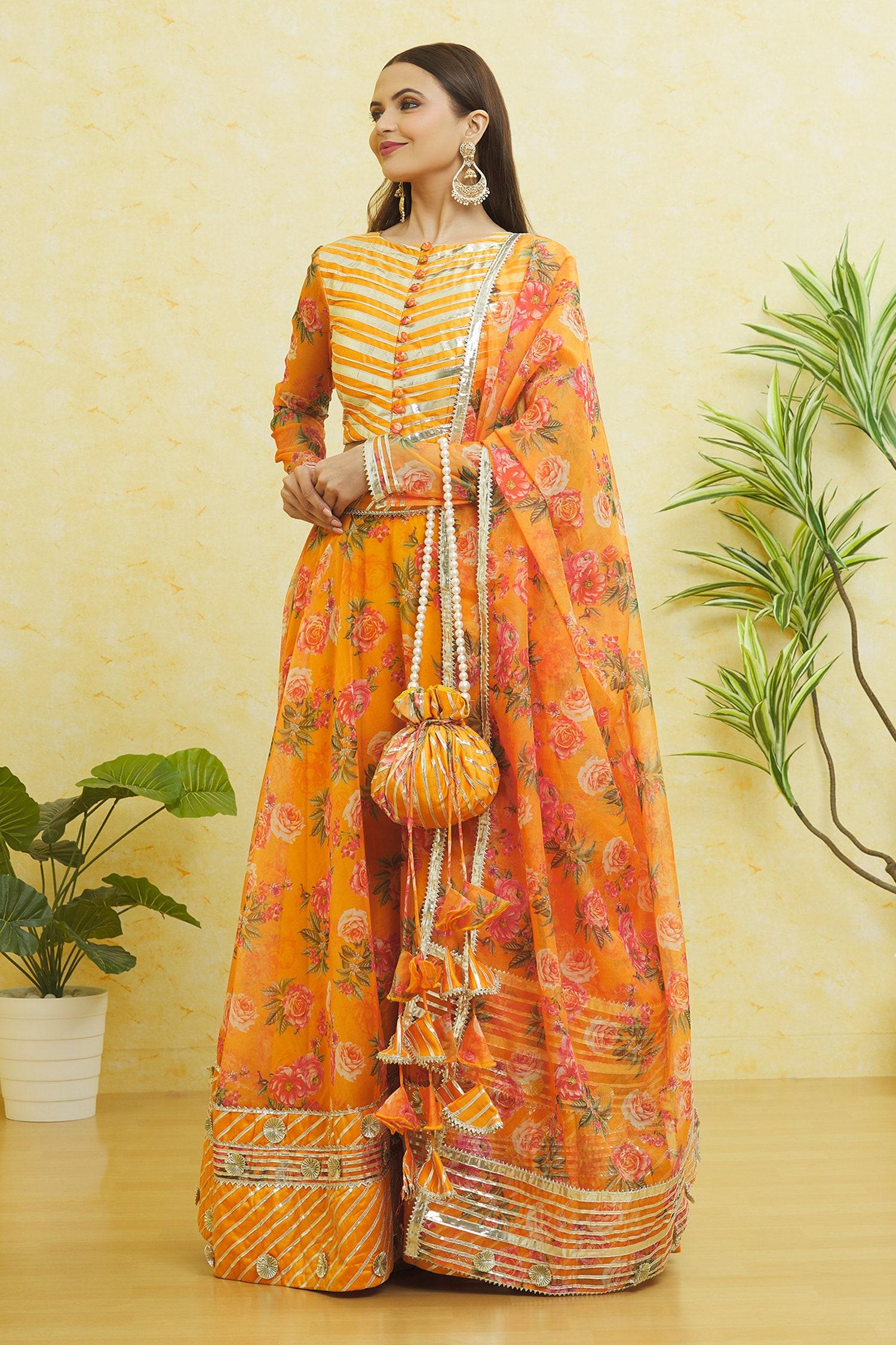 Yellow Organza Gota Patti Round Neck Striped Lehenga Set - Designer Kurta Set