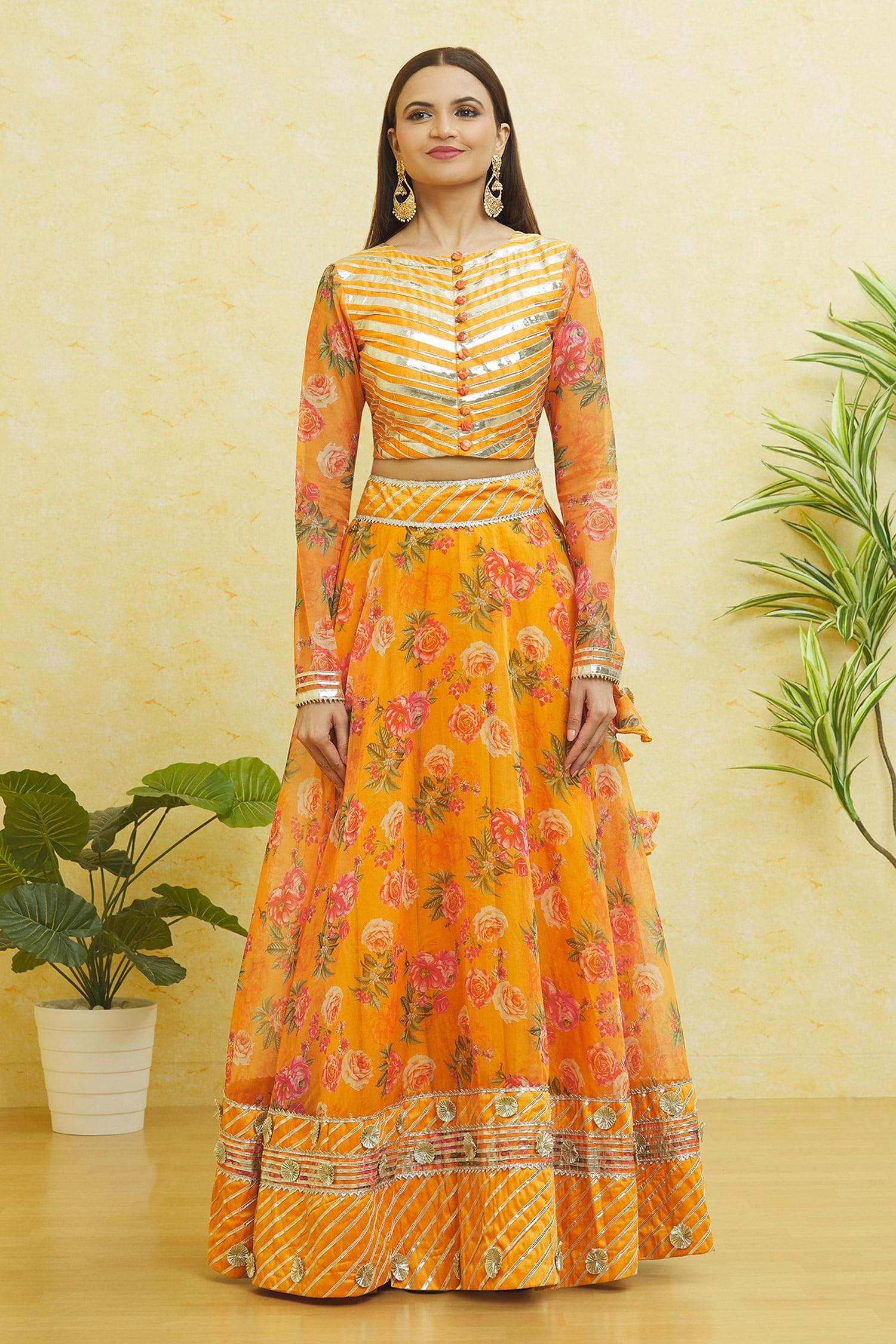 Yellow Organza Gota Patti Round Neck Striped Lehenga Set - Designer Kurta Set