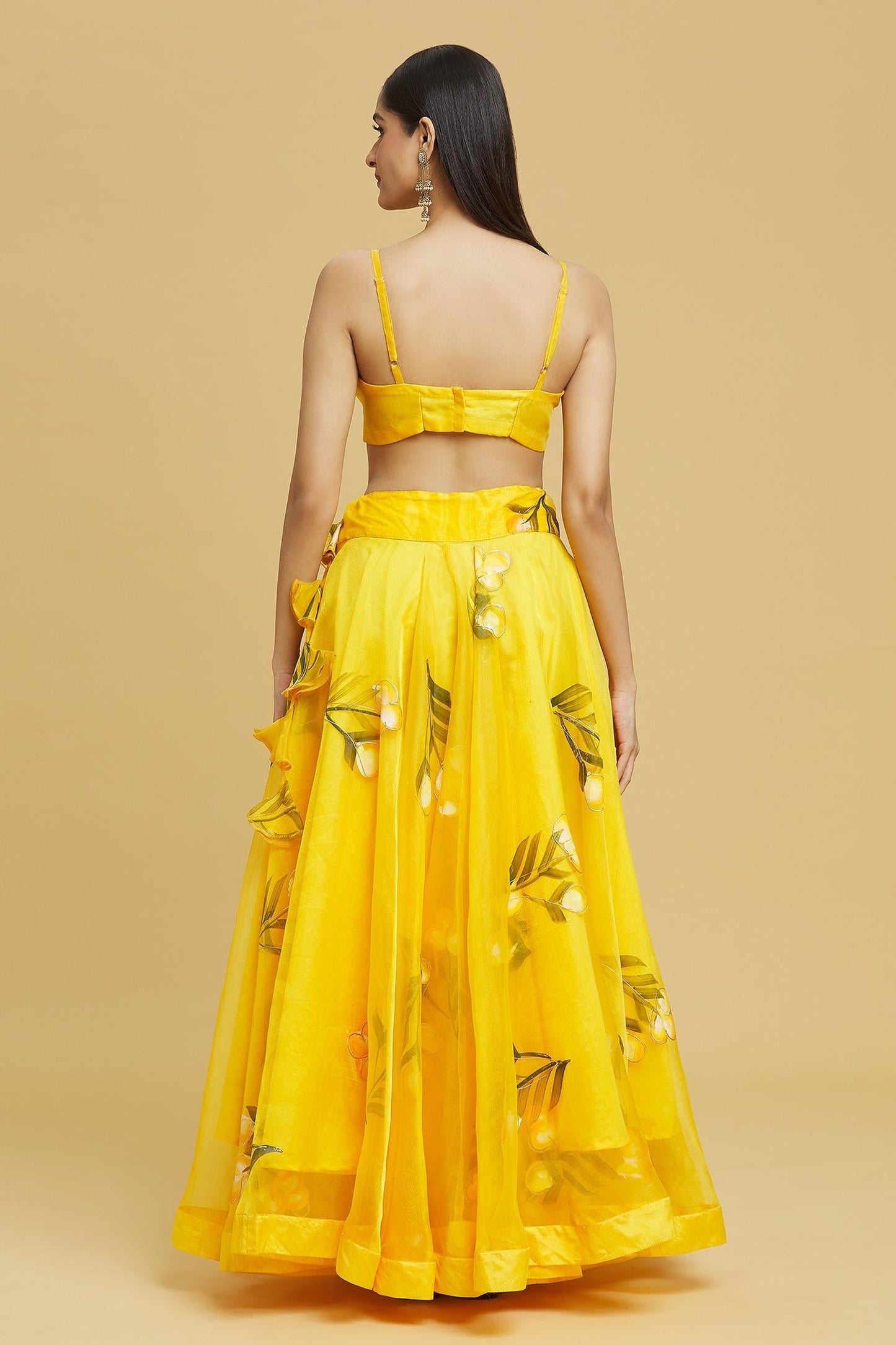 Yellow Organza Gota Patti Sweetheart Neck Tulip Brush Print Lehenga Set - Designer Kurta Set