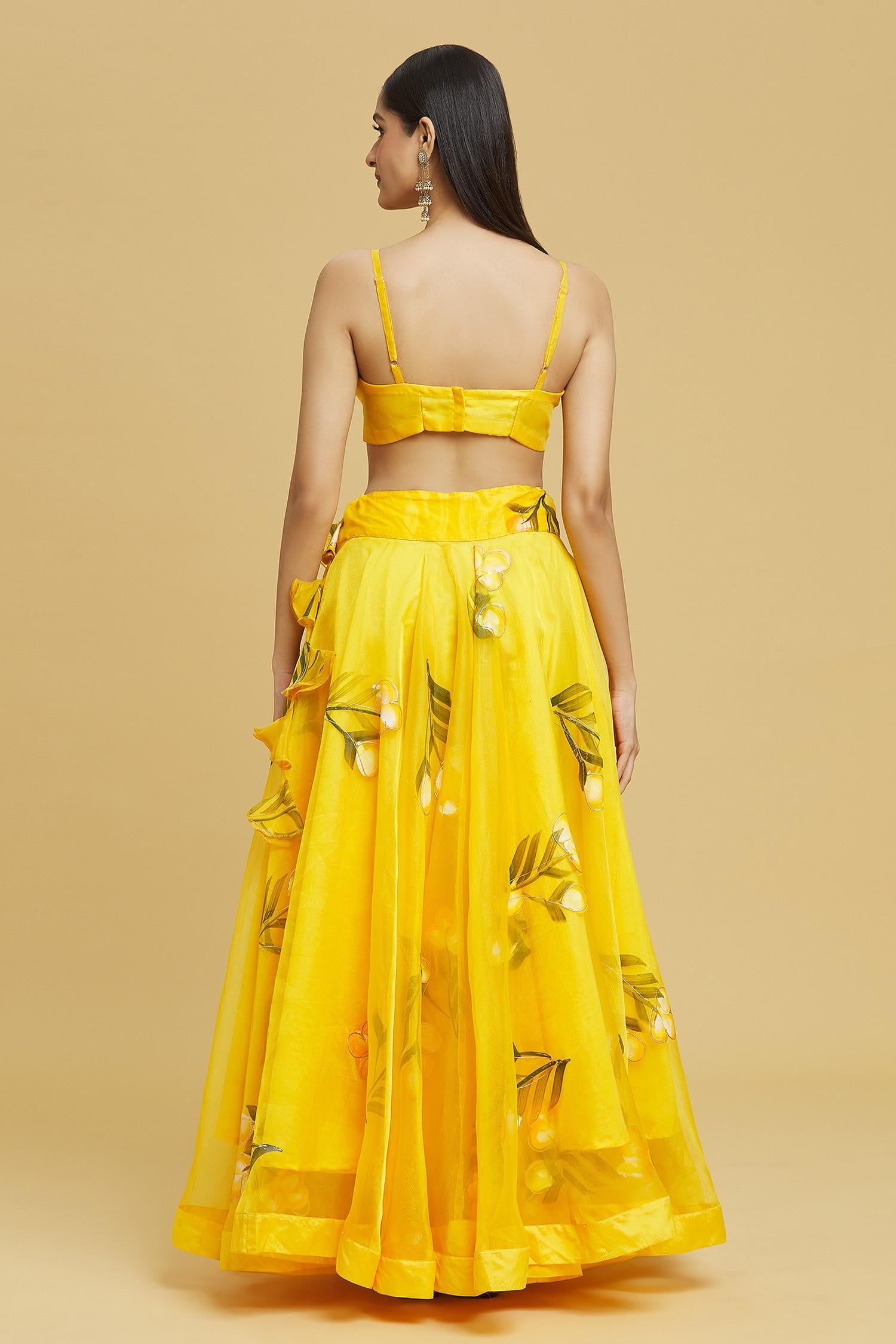 Yellow Organza Gota Patti Sweetheart Neck Tulip Brush Print Lehenga Set - Designer Kurta Set