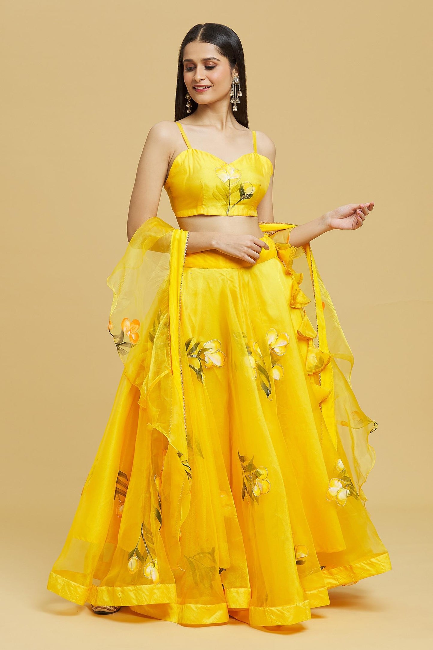 Yellow Organza Gota Patti Sweetheart Neck Tulip Brush Print Lehenga Set - Designer Kurta Set