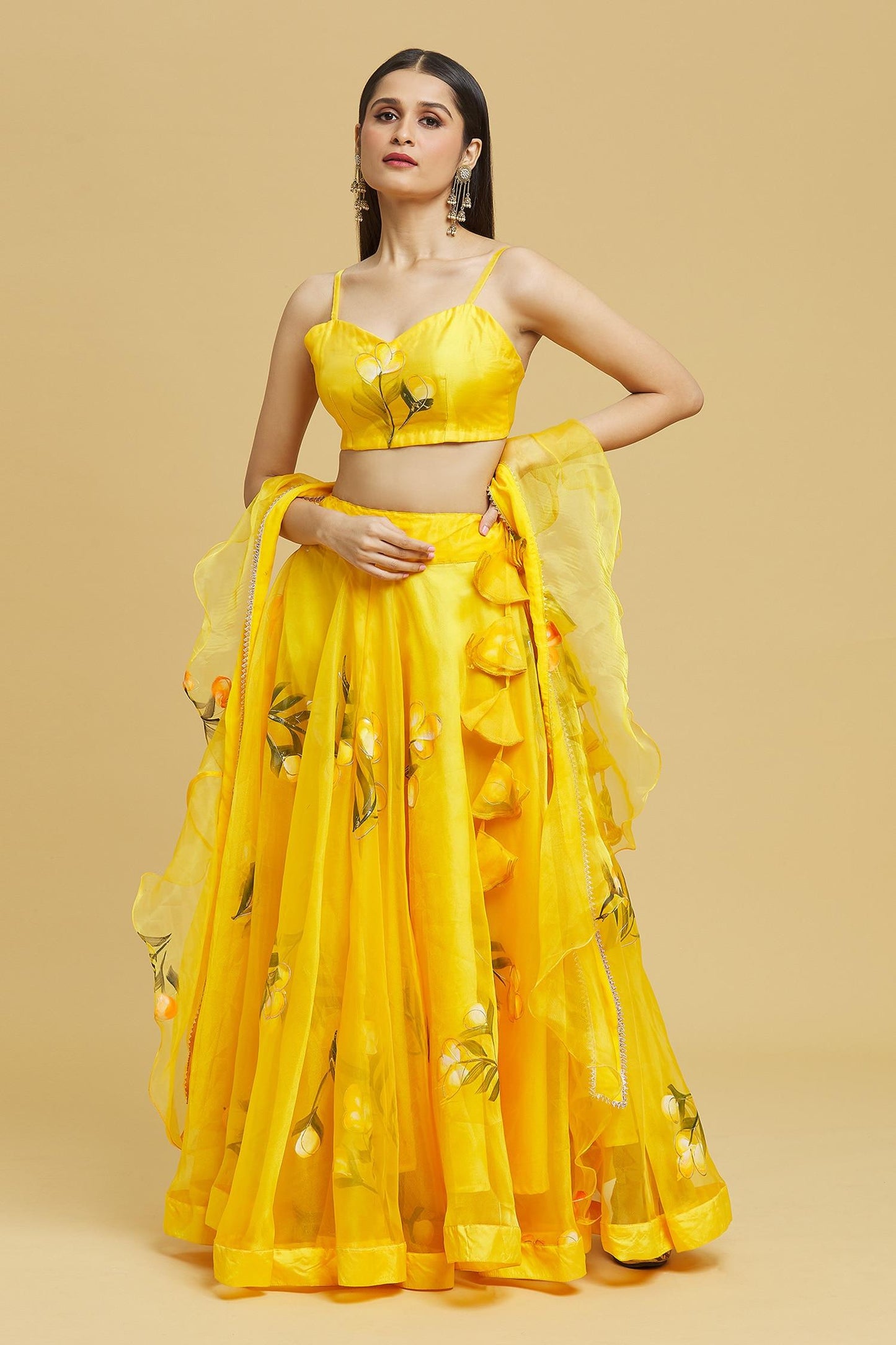 Yellow Organza Gota Patti Sweetheart Neck Tulip Brush Print Lehenga Set - Designer Kurta Set