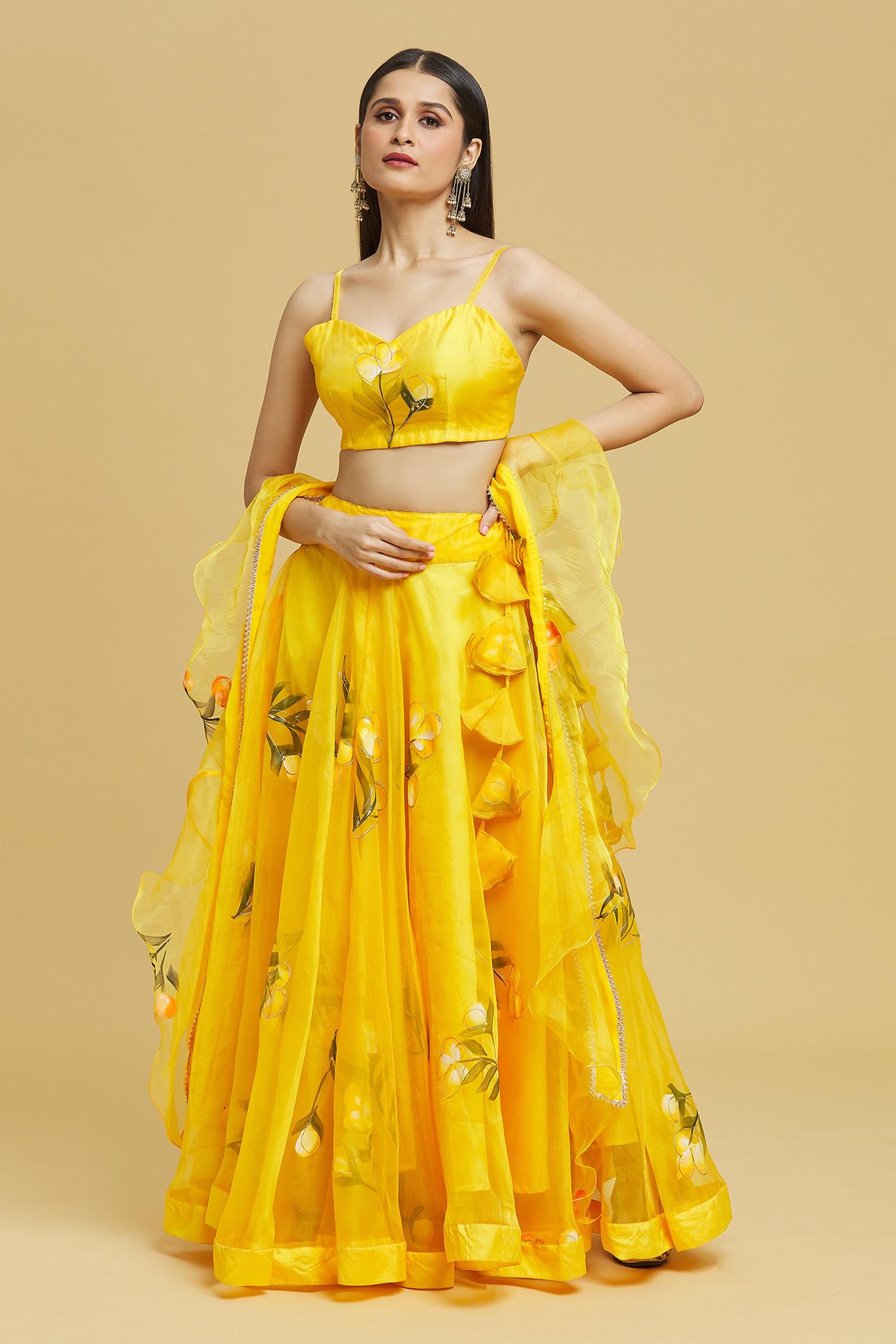 Yellow Organza Gota Patti Sweetheart Neck Tulip Brush Print Lehenga Set - Designer Kurta Set