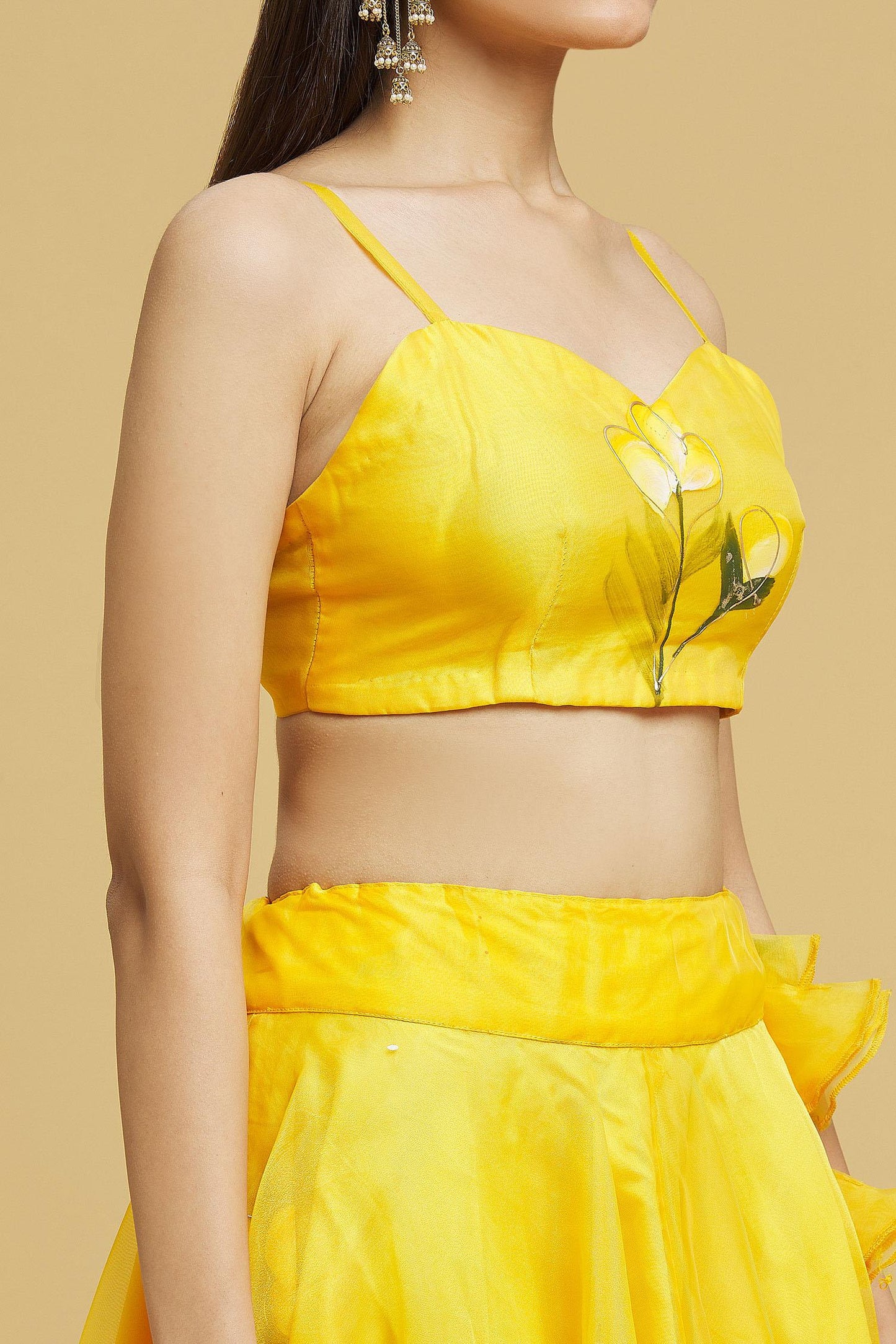 Yellow Organza Gota Patti Sweetheart Neck Tulip Brush Print Lehenga Set - Designer Kurta Set