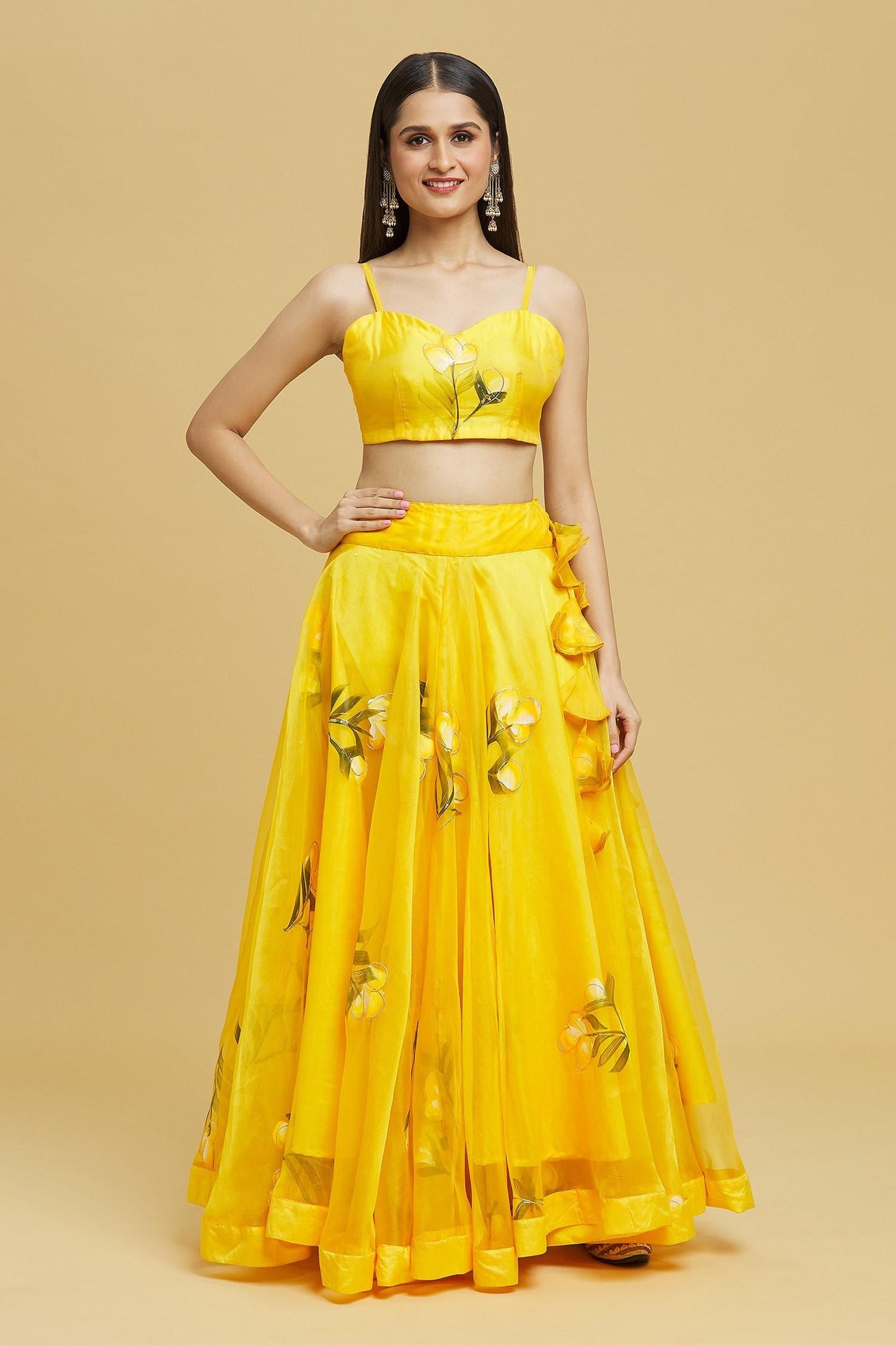 Yellow Organza Gota Patti Sweetheart Neck Tulip Brush Print Lehenga Set - Designer Kurta Set