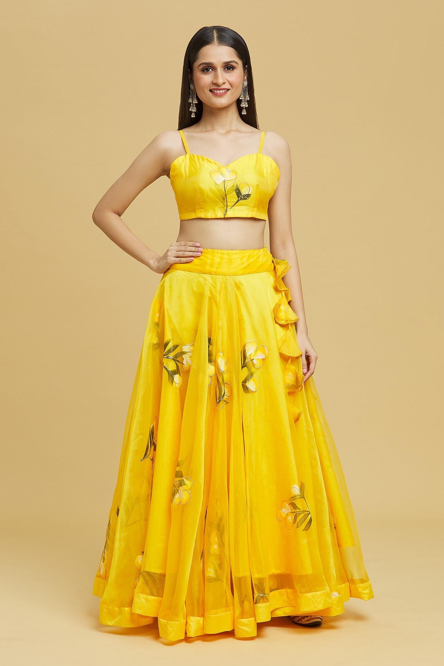 Yellow Organza Gota Patti Sweetheart Neck Tulip Brush Print Lehenga Set - Designer Kurta Set