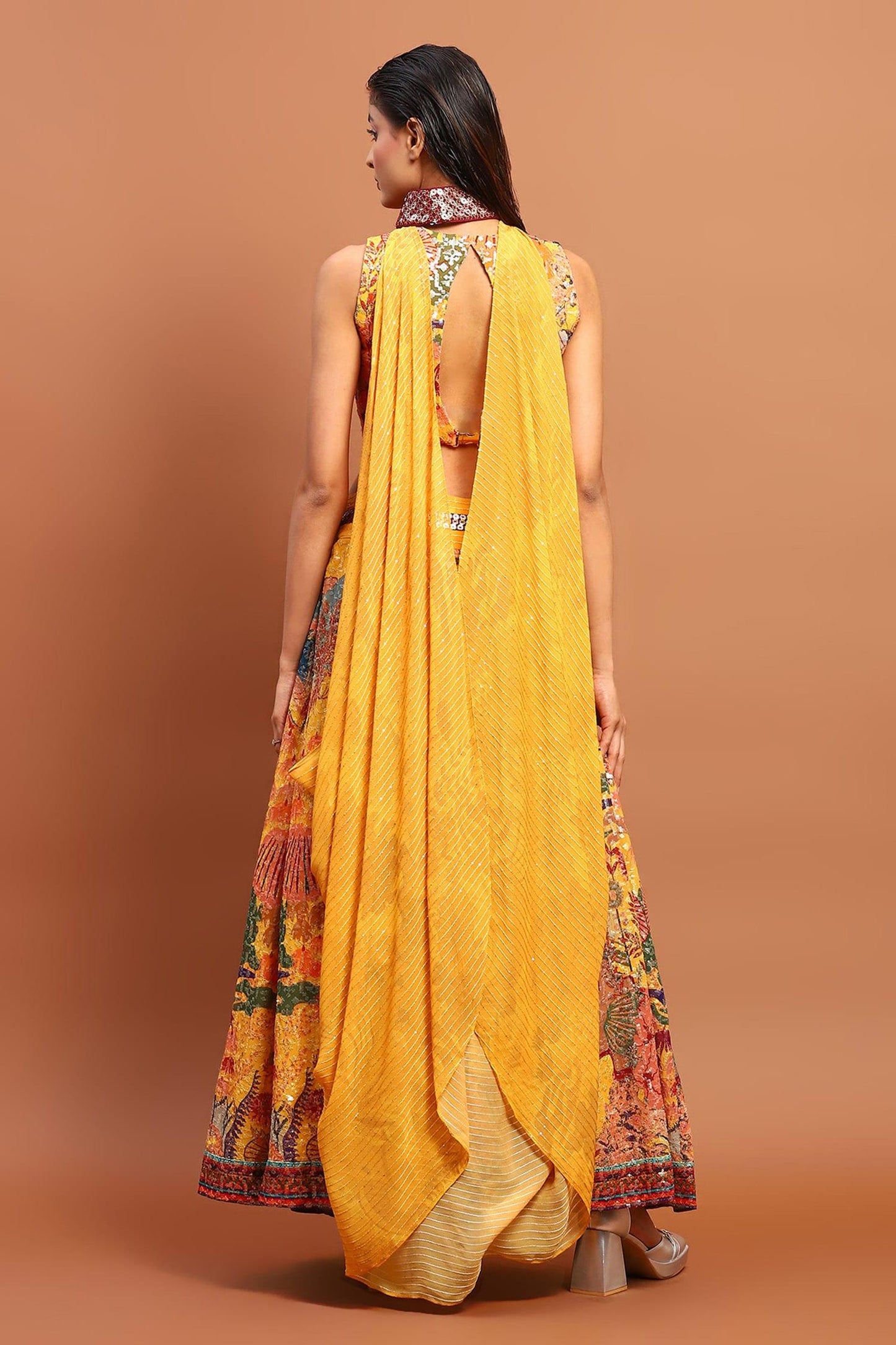 Yellow Satin Sequins V-neck Abstract Print Skirt Set - Designer Kurta Set