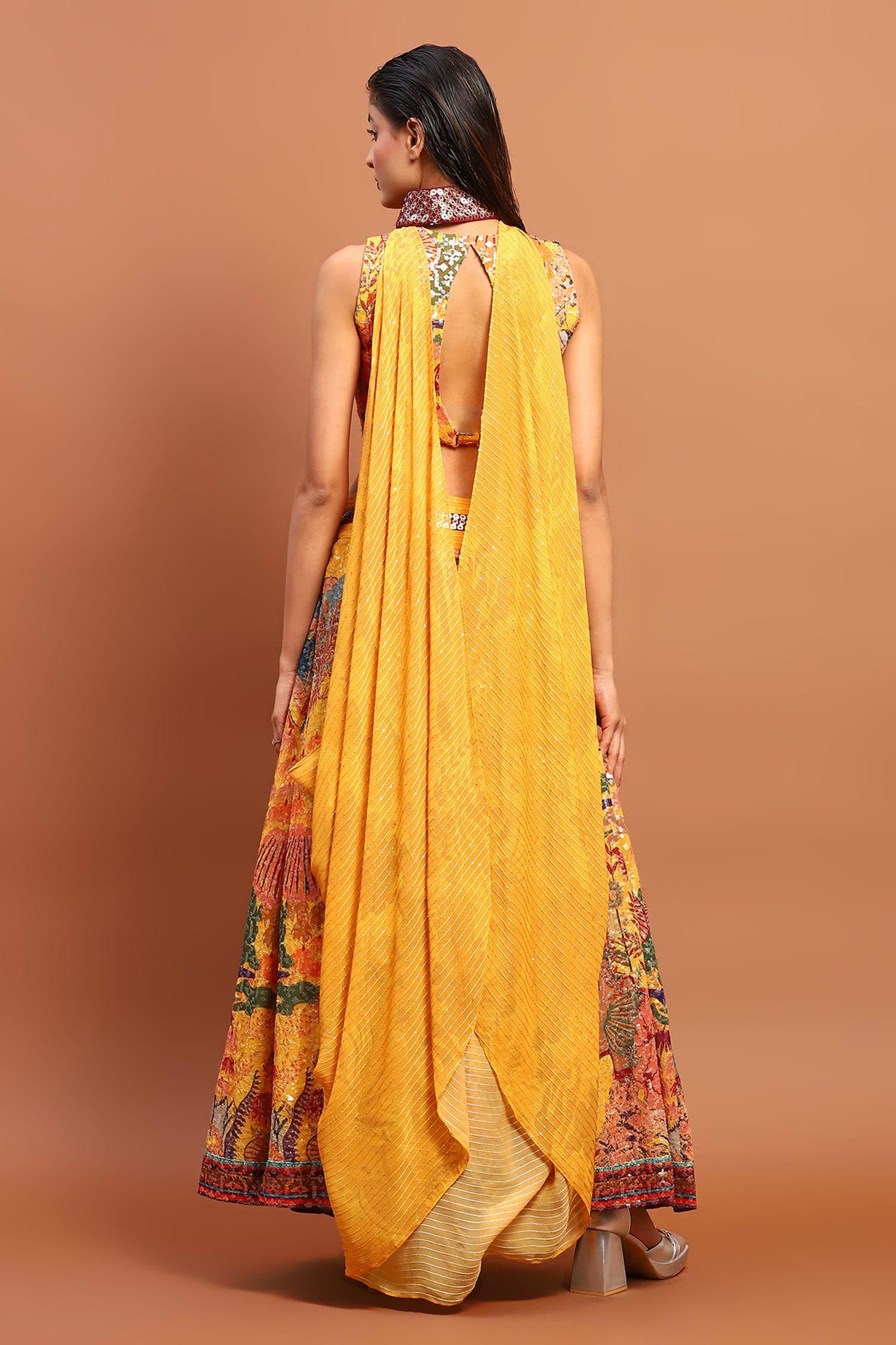 Yellow Satin Sequins V-neck Abstract Print Skirt Set - Designer Kurta Set