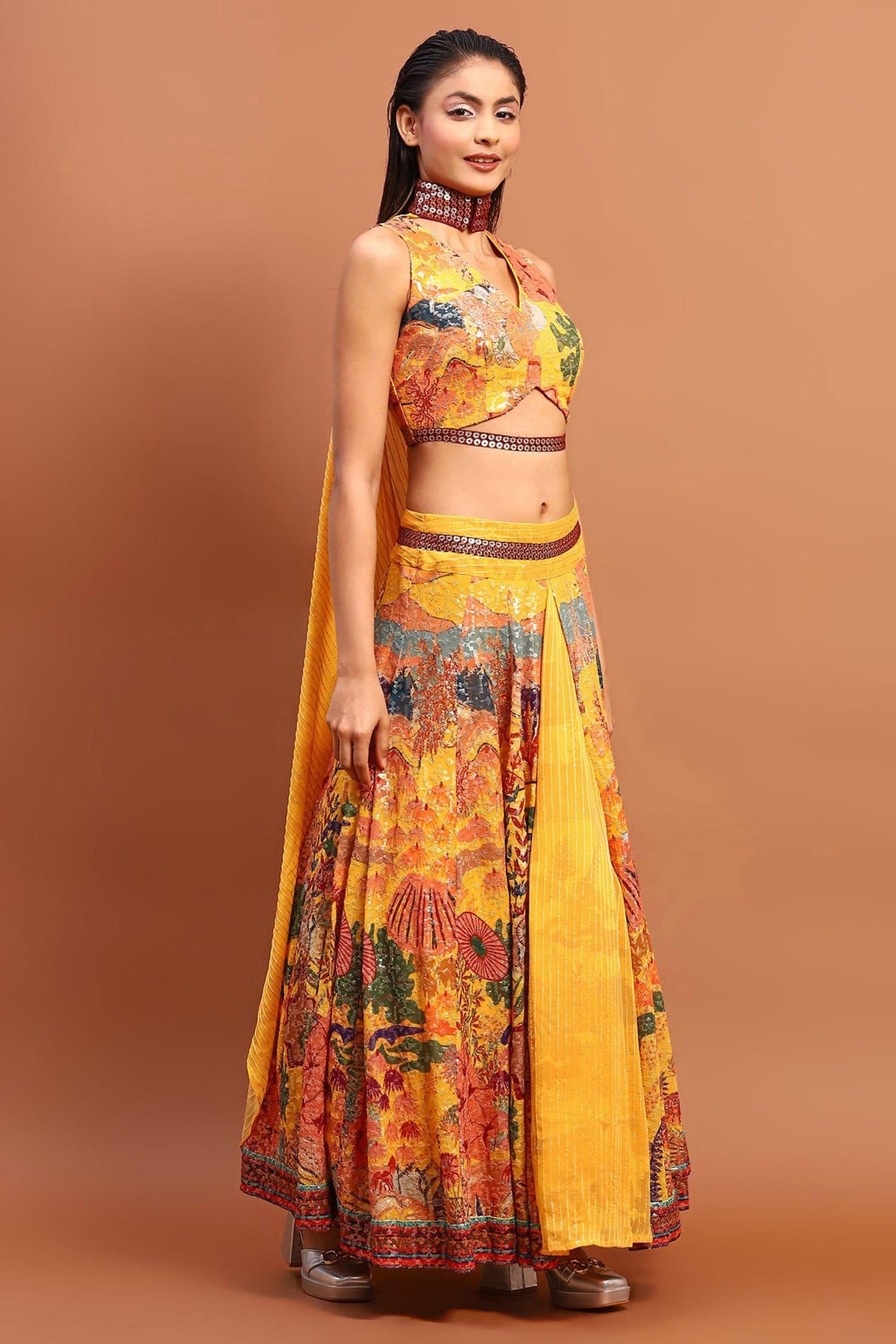 Yellow Satin Sequins V-neck Abstract Print Skirt Set - Designer Kurta Set