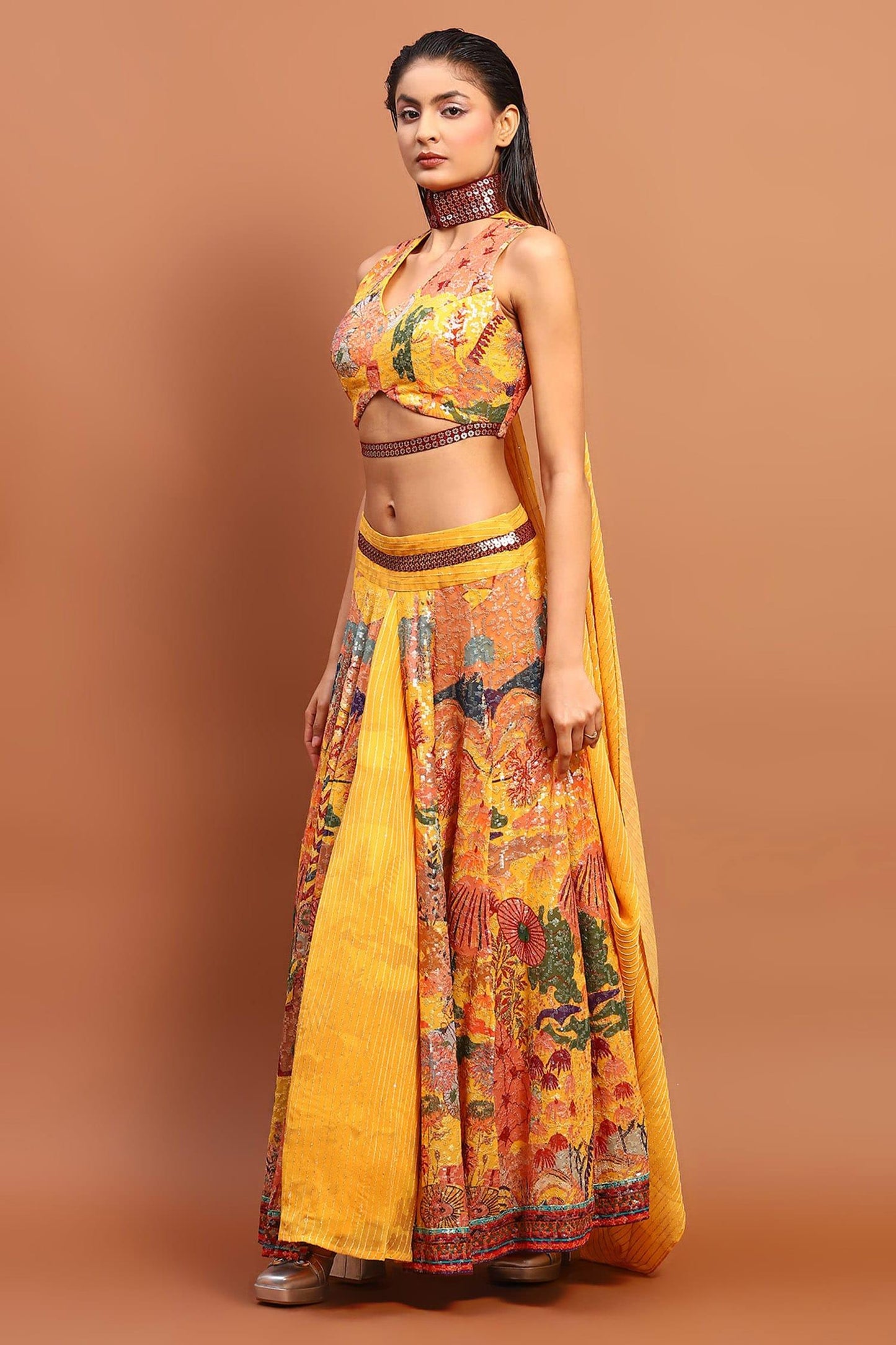 Yellow Satin Sequins V-neck Abstract Print Skirt Set - Designer Kurta Set