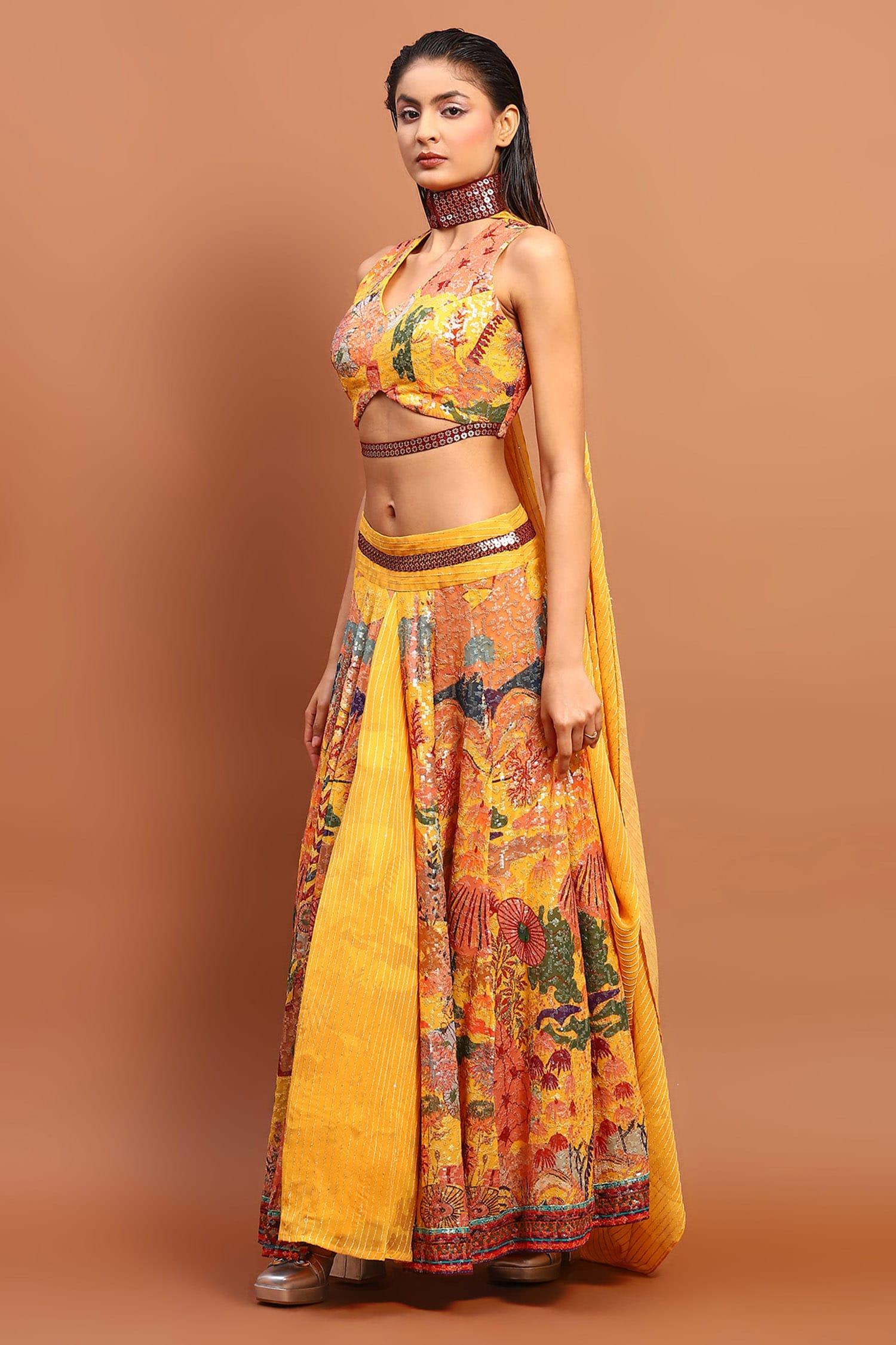 Yellow Satin Sequins V-neck Abstract Print Skirt Set - Designer Kurta Set