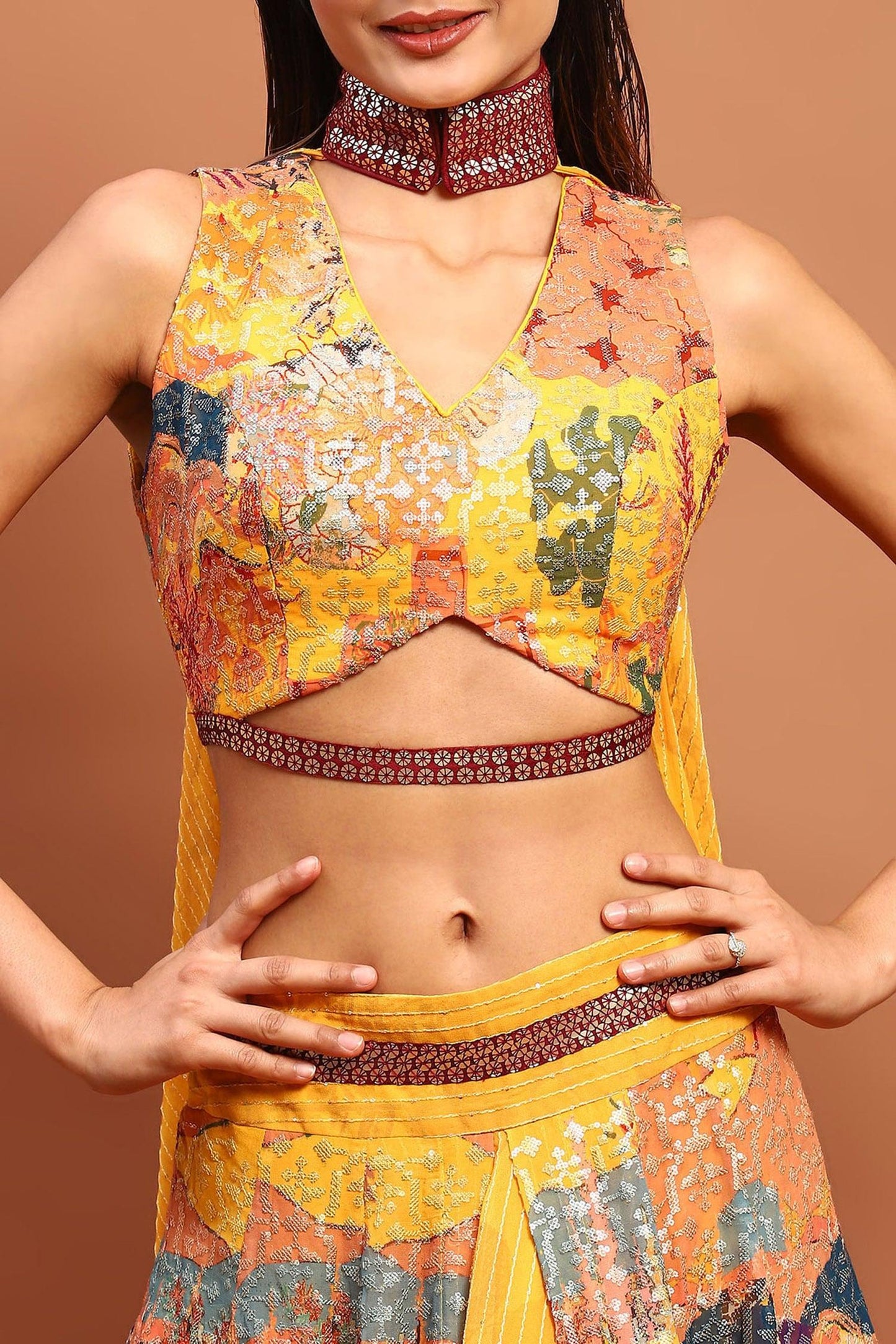 Yellow Satin Sequins V-neck Abstract Print Skirt Set - Designer Kurta Set