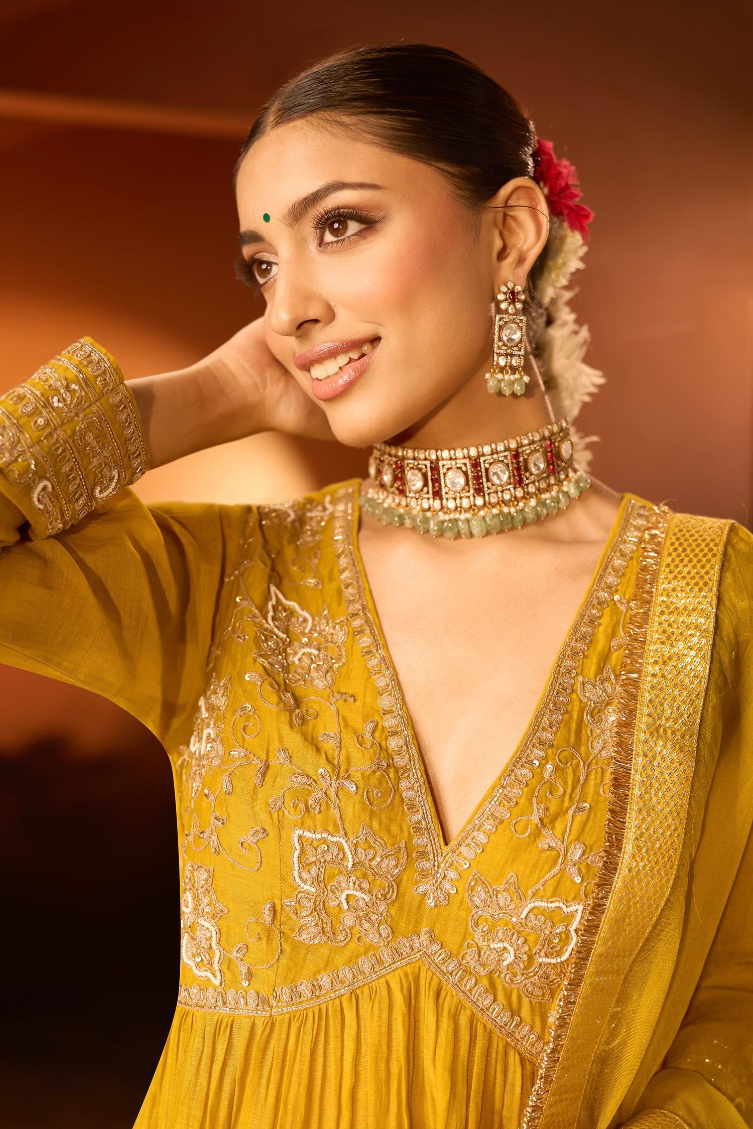 Yellow Silk, Chanderi, Organza Embroidery Anarkali Set With Pant And Dupatta - Designer Kurta Set