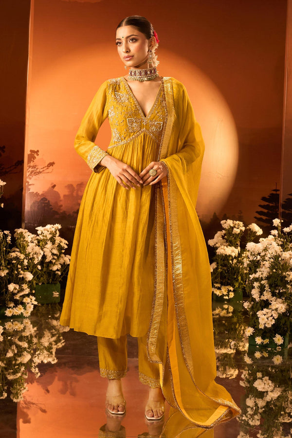 Yellow Silk, Chanderi, Organza Embroidery Anarkali Set With Pant And Dupatta - Designer Kurta Set