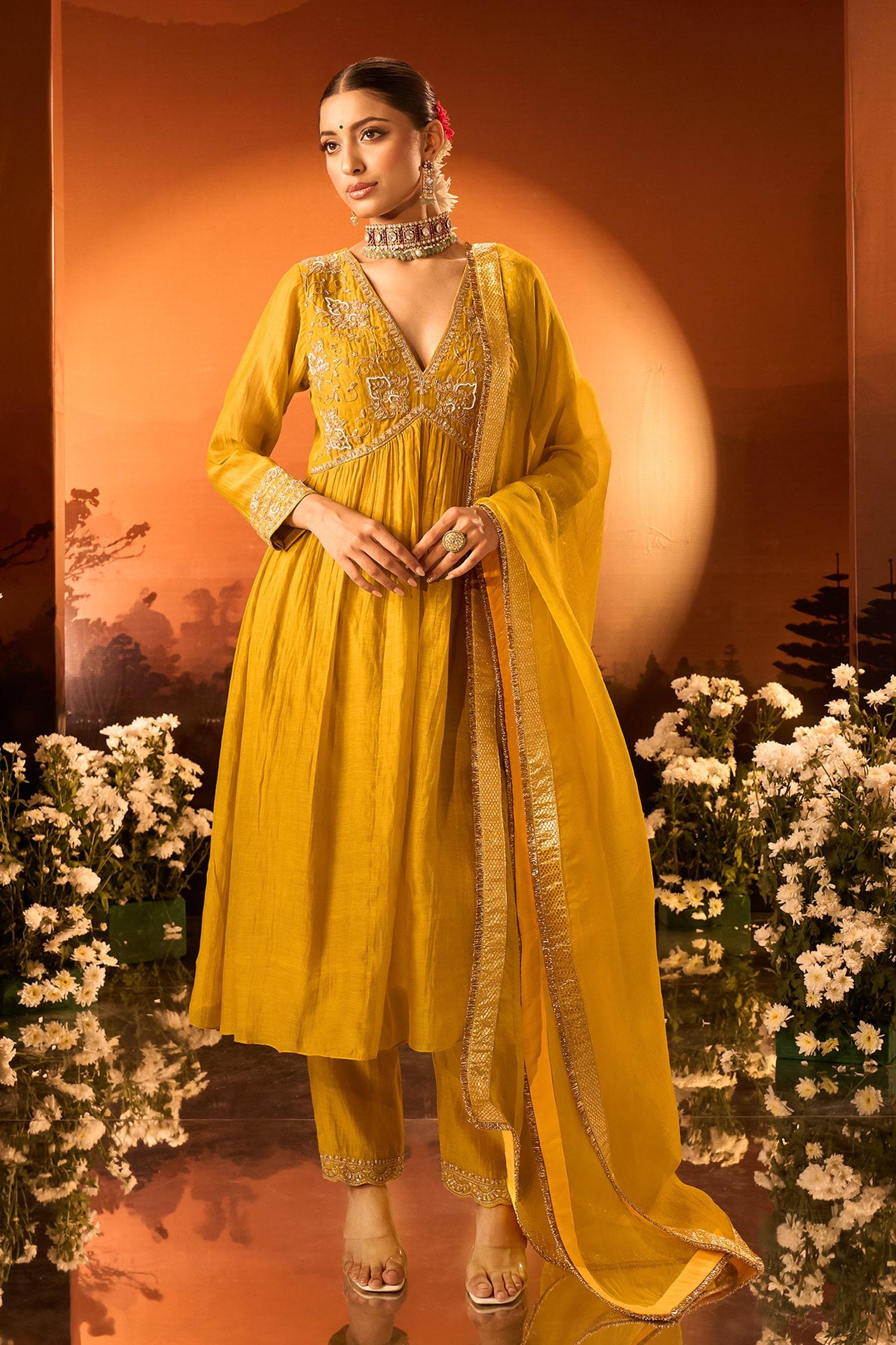 Yellow Silk, Chanderi, Organza Embroidery Anarkali Set With Pant And Dupatta - Designer Kurta Set