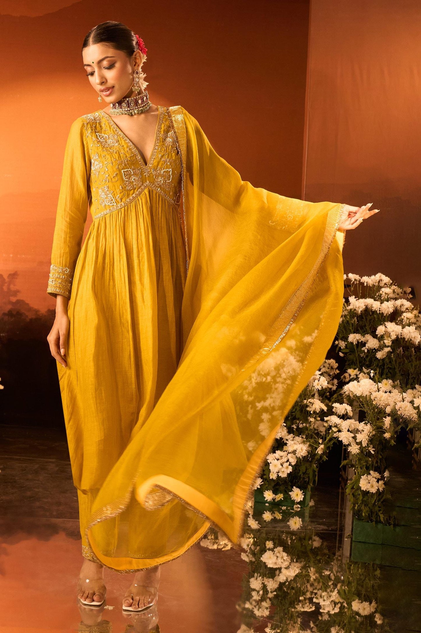 Yellow Silk, Chanderi, Organza Embroidery Anarkali Set With Pant And Dupatta - Designer Kurta Set