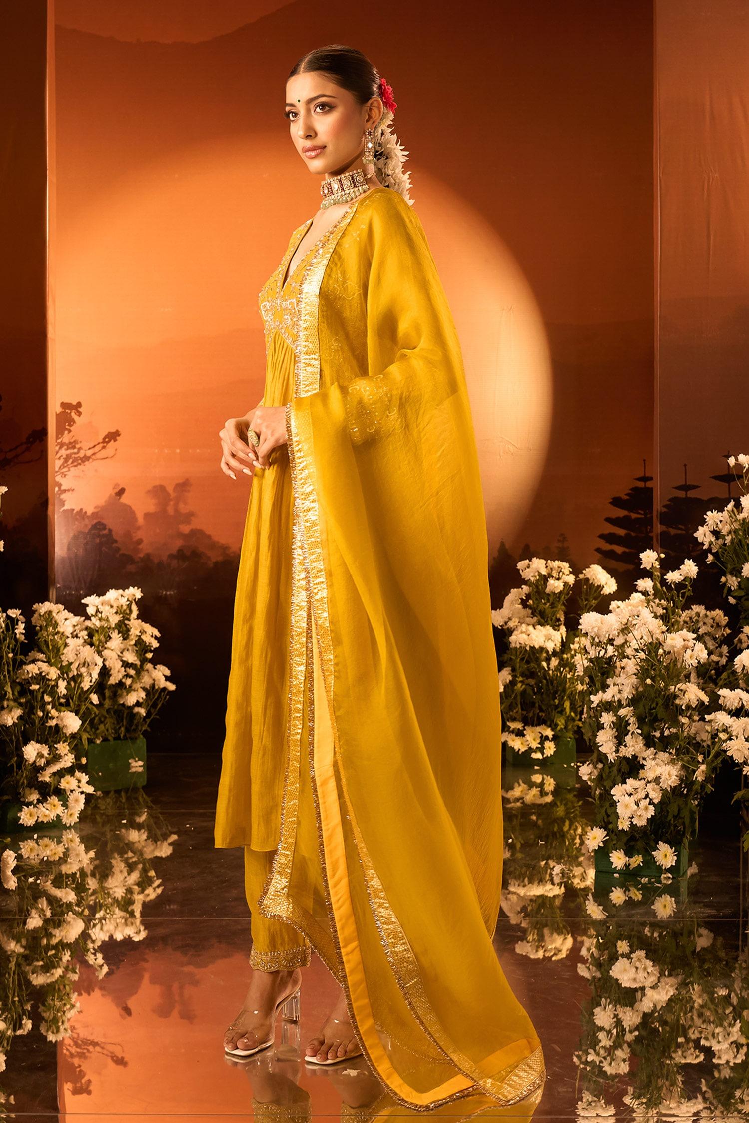 Yellow Silk, Chanderi, Organza Embroidery Anarkali Set With Pant And Dupatta - Designer Kurta Set