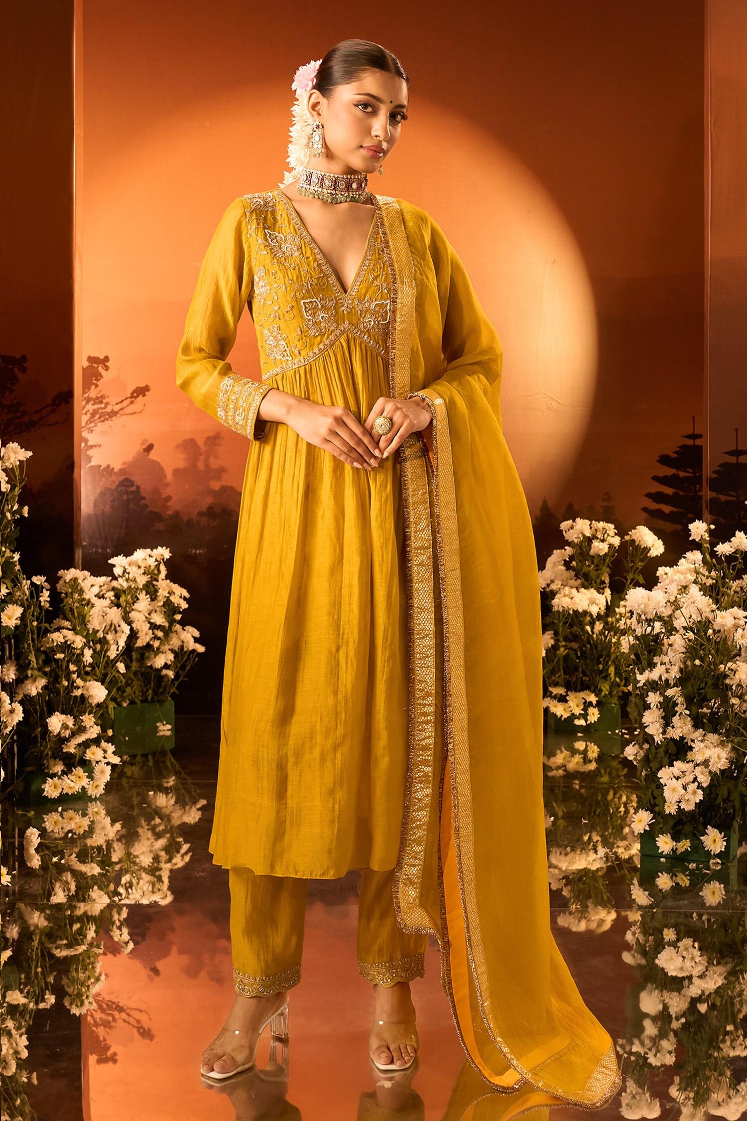Yellow Silk, Chanderi, Organza Embroidery Anarkali Set With Pant And Dupatta - Designer Kurta Set