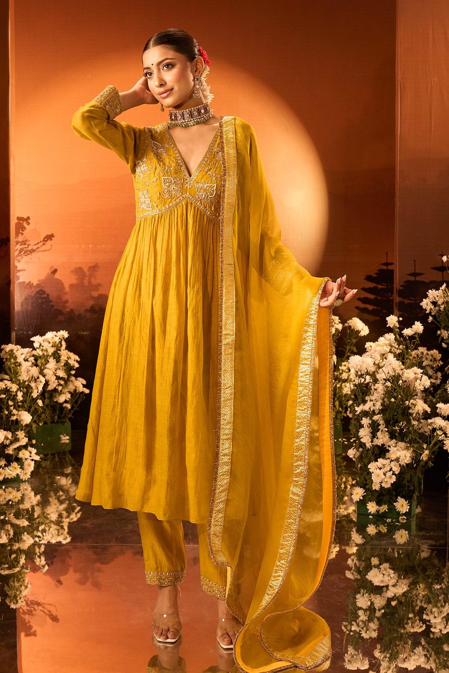 Yellow Silk, Chanderi, Organza Embroidery Anarkali Set With Pant And Dupatta - Designer Kurta Set