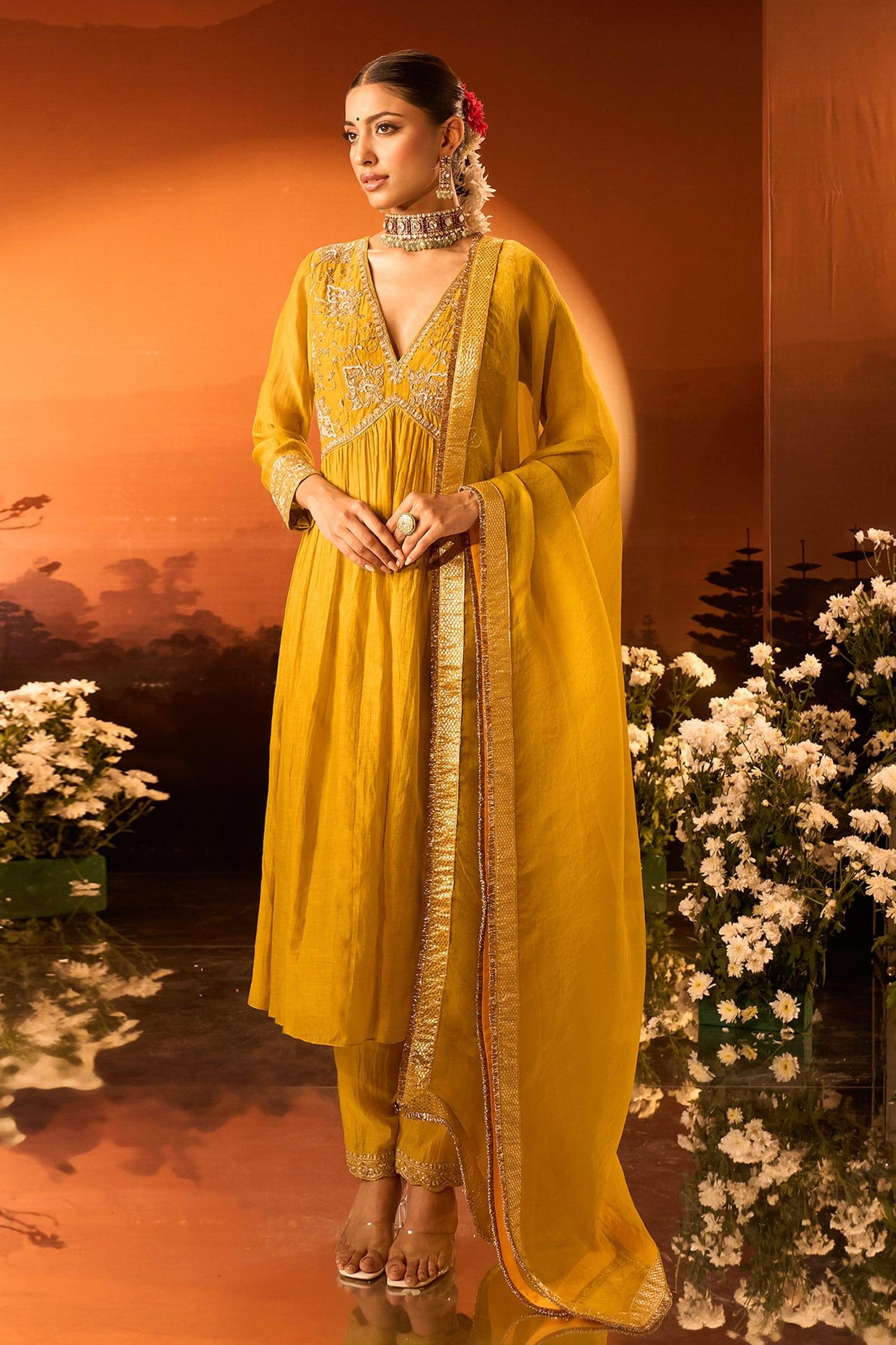 Yellow Silk, Chanderi, Organza Embroidery Anarkali Set With Pant And Dupatta - Designer Kurta Set