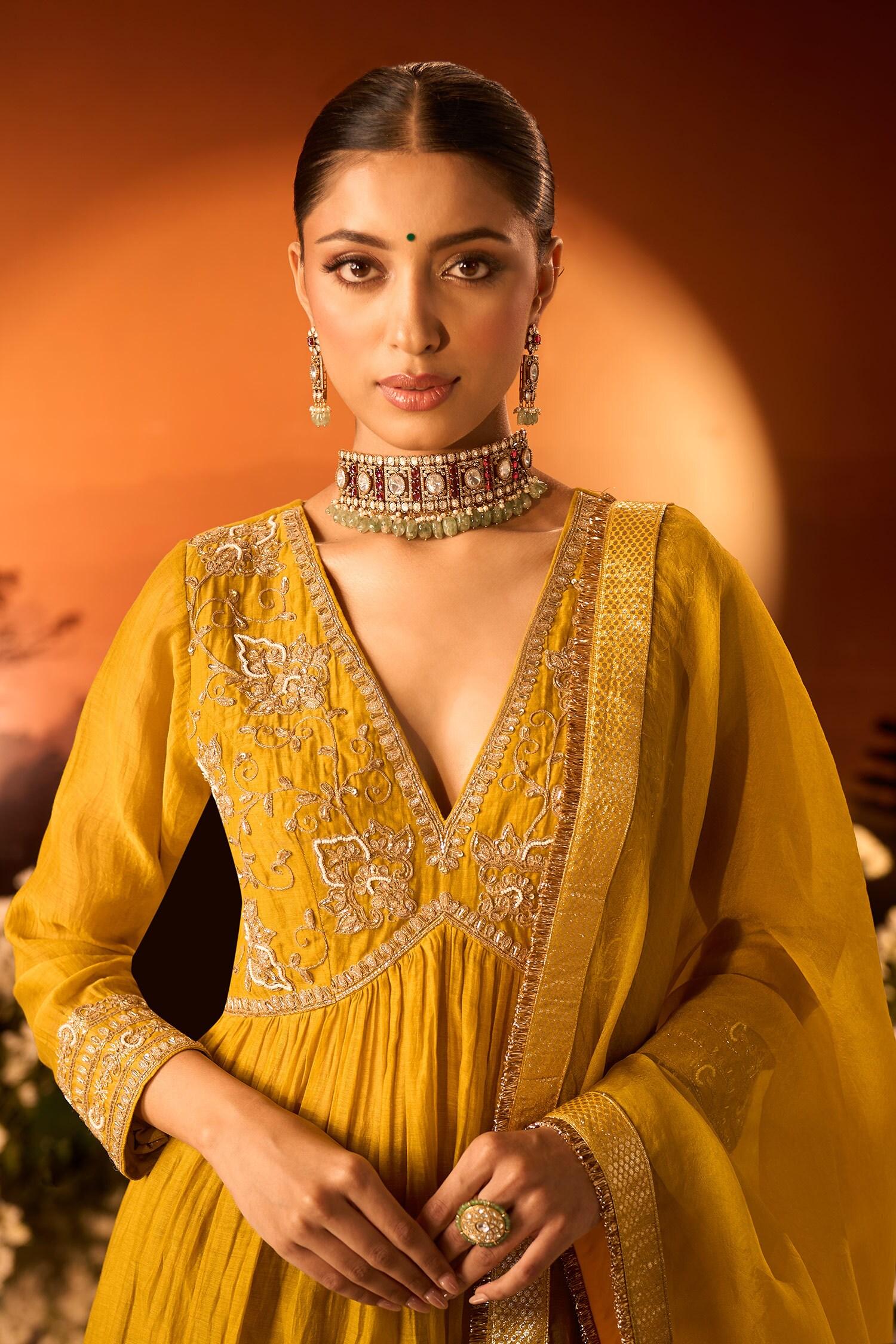 Yellow Silk, Chanderi, Organza Embroidery Anarkali Set With Pant And Dupatta - Designer Kurta Set