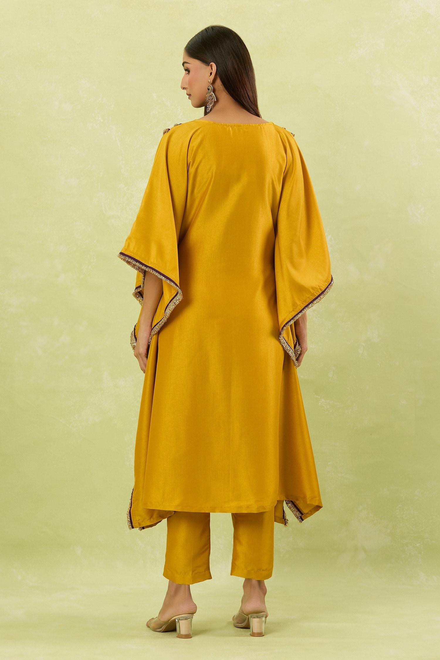 Yellow Silk Lace, Embroidery Plunge Neck Contrast Hand Embellished Kaftan Set - Designer Kurta Set
