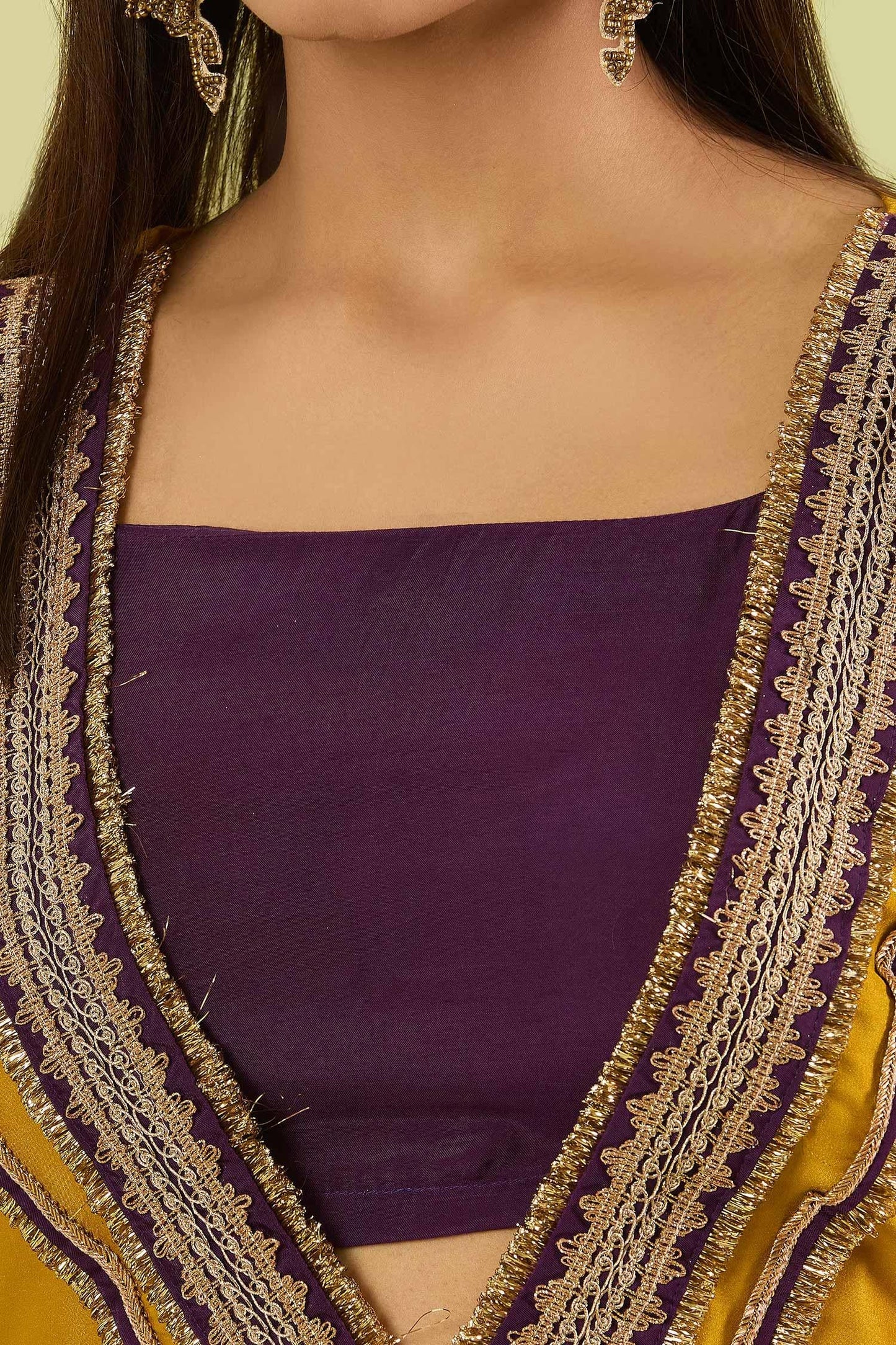 Yellow Silk Lace, Embroidery Plunge Neck Contrast Hand Embellished Kaftan Set - Designer Kurta Set