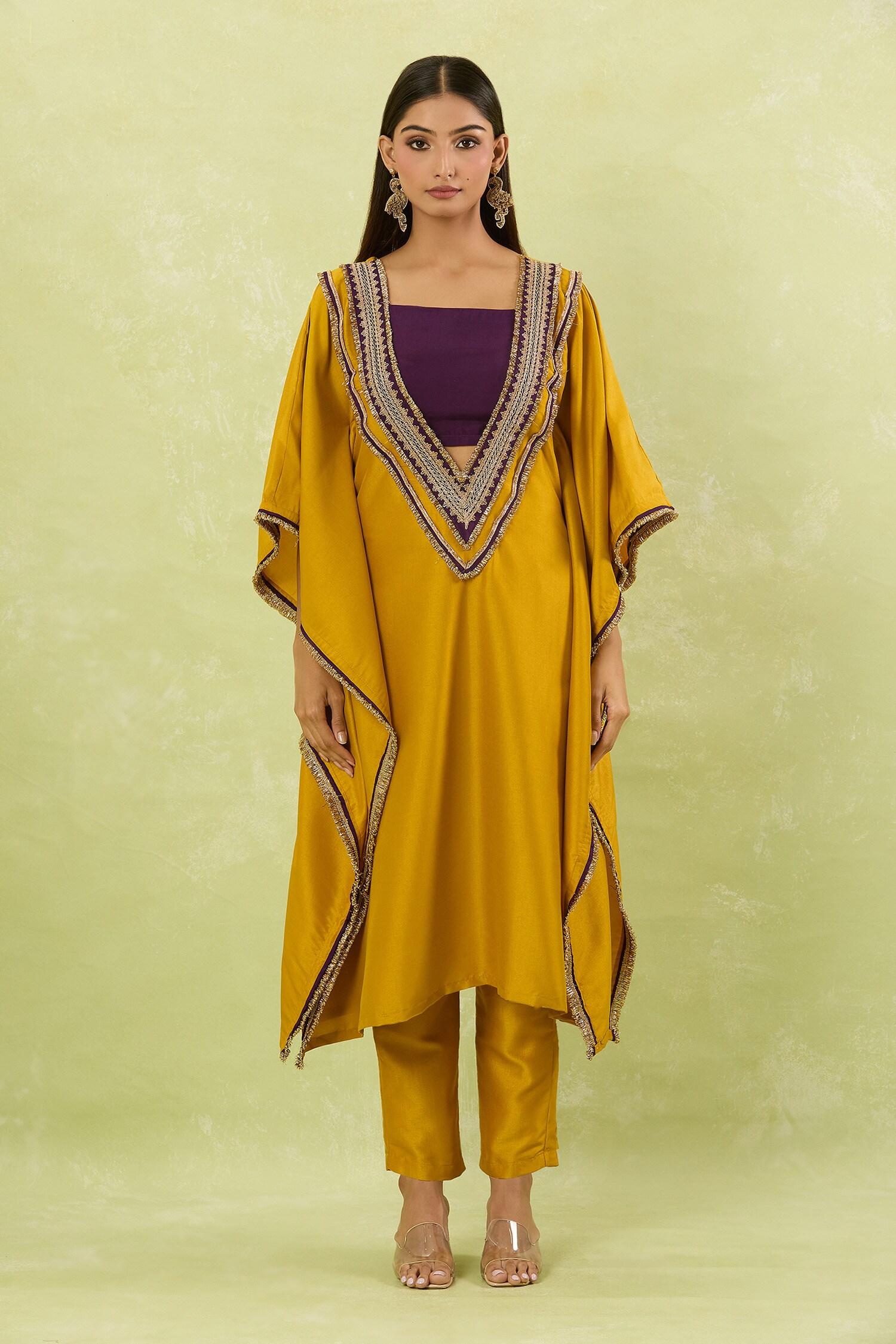 Yellow Silk Lace, Embroidery Plunge Neck Contrast Hand Embellished Kaftan Set - Designer Kurta Set