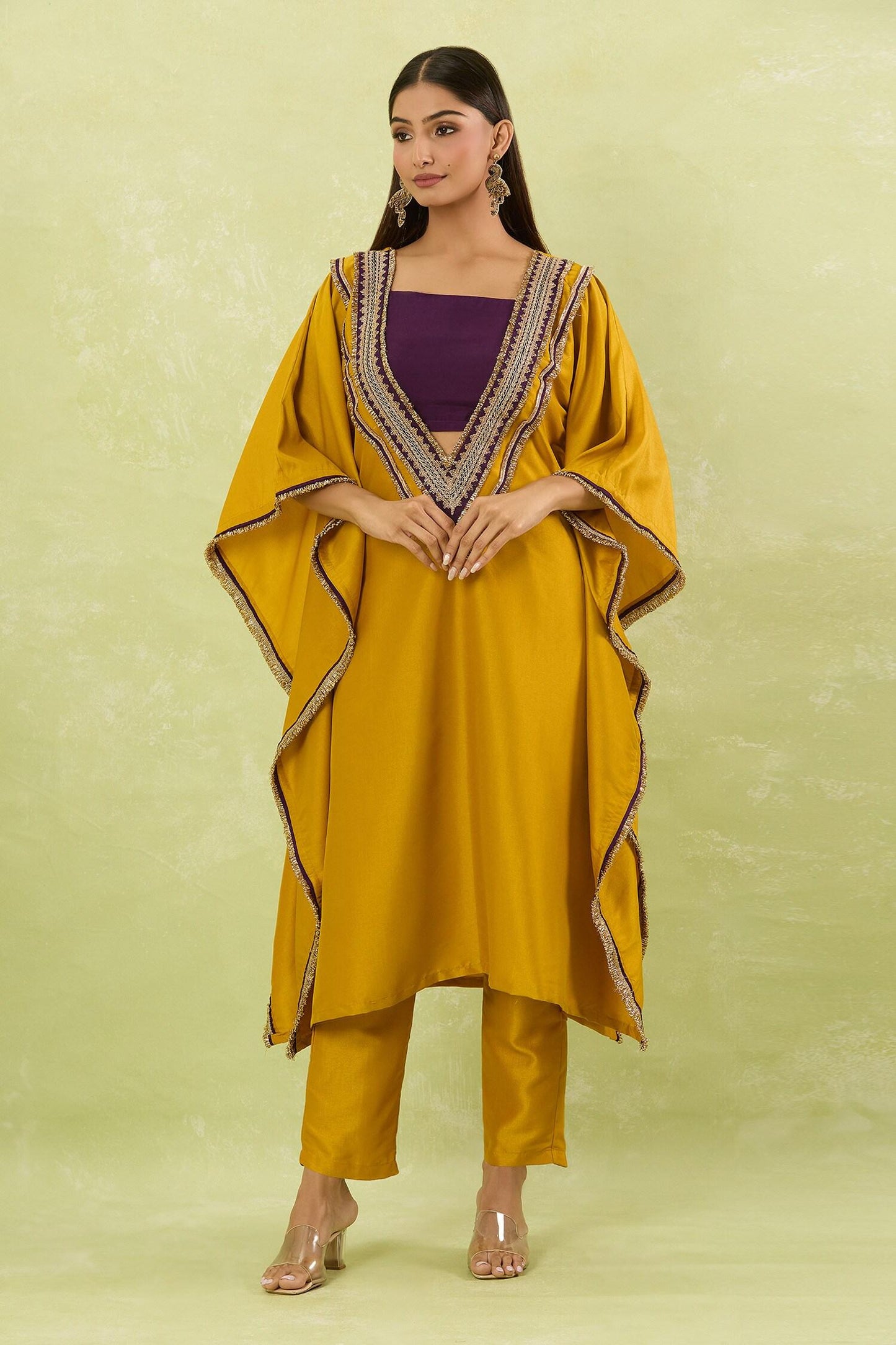 Yellow Silk Lace, Embroidery Plunge Neck Contrast Hand Embellished Kaftan Set - Designer Kurta Set