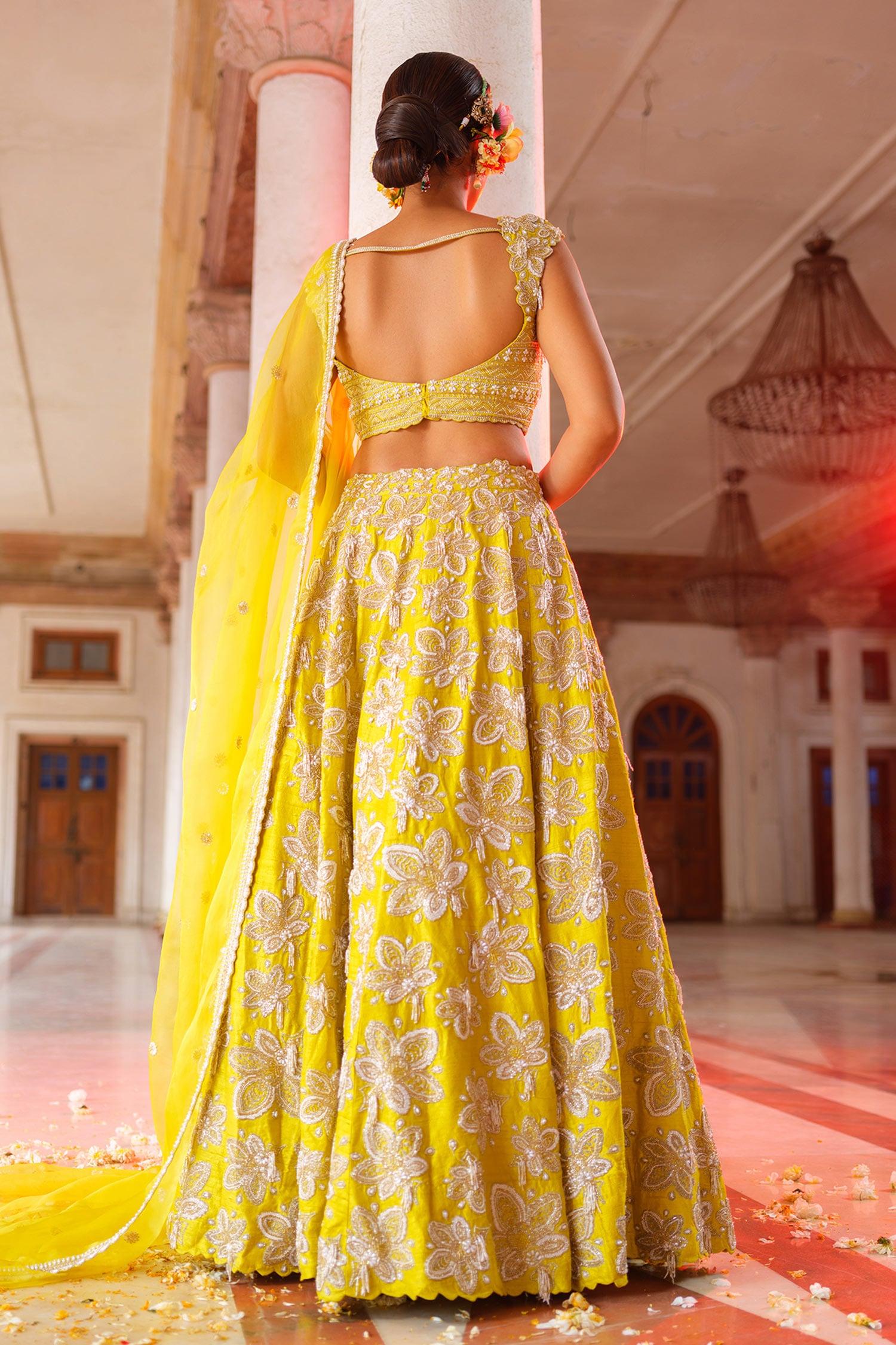 Yellow Silk, Organza Embroidery, Cut Work Sweetheart Gullista Jaal Lehenga Set - Designer Kurta Set