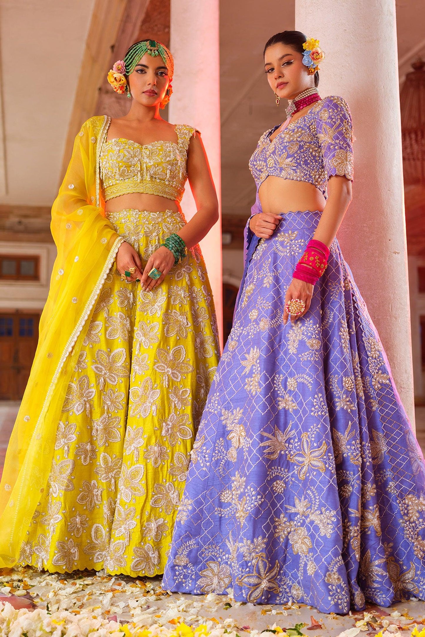 Yellow Silk, Organza Embroidery, Cut Work Sweetheart Gullista Jaal Lehenga Set - Designer Kurta Set